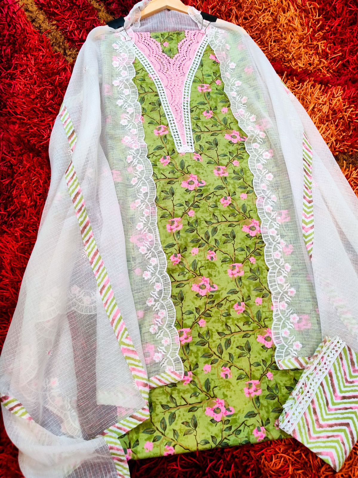 Green Handblock Cotton Unstitched Dress Material Suit Set