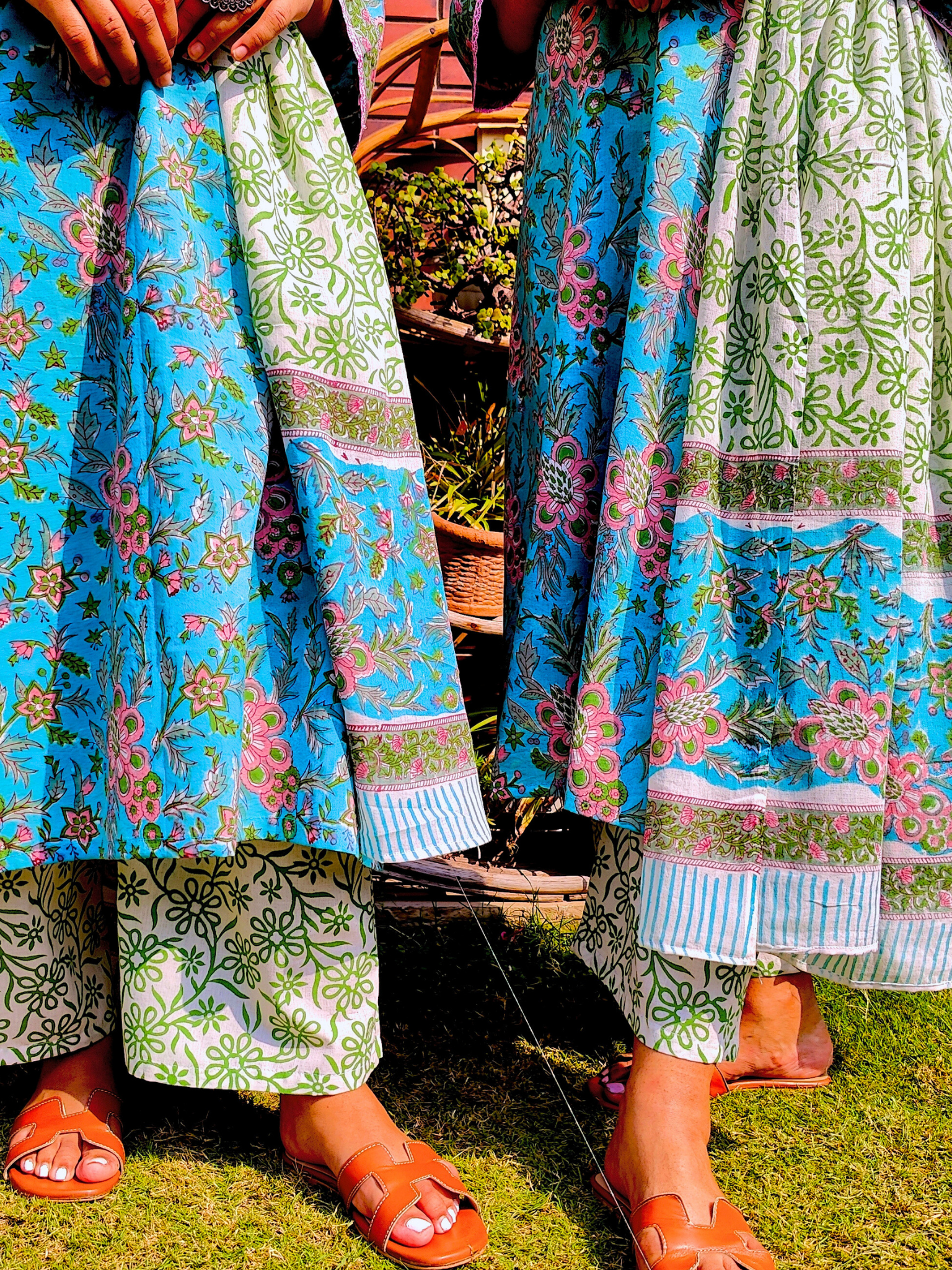 Sky Blue Handblock Pink lace Cotton Stitched Suit Set
