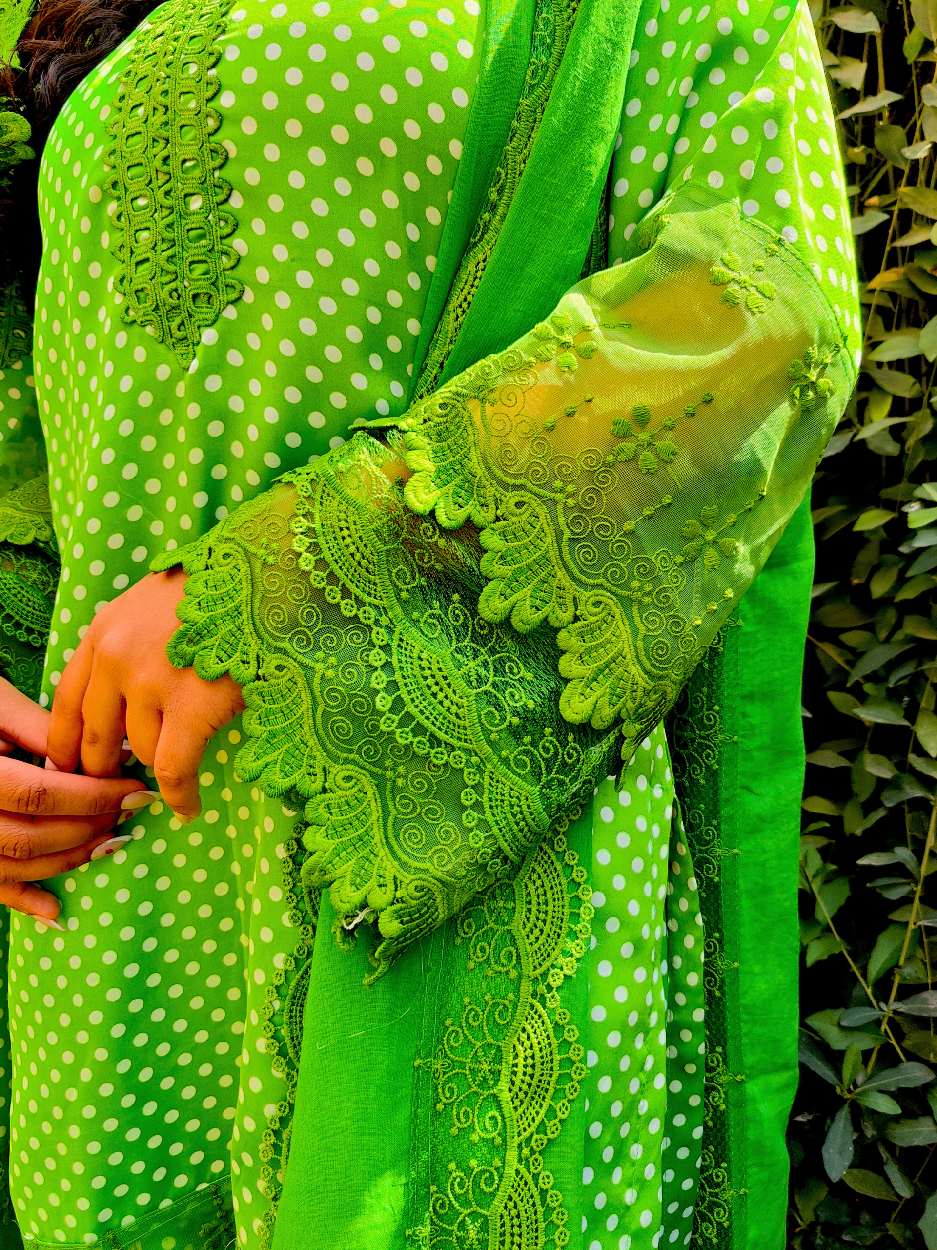 Green Polka Dot Satin Silk Stitched Suit Set
