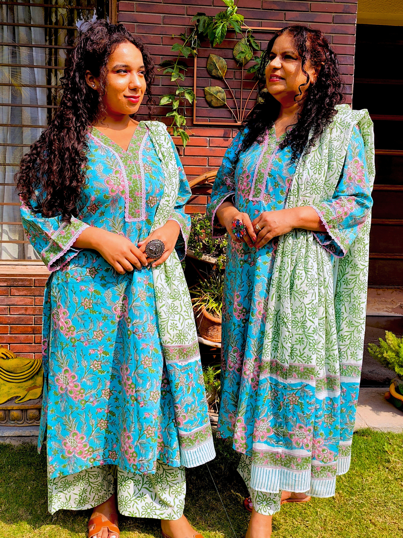 Sky Blue Handblock Pink lace Cotton Stitched Suit Set