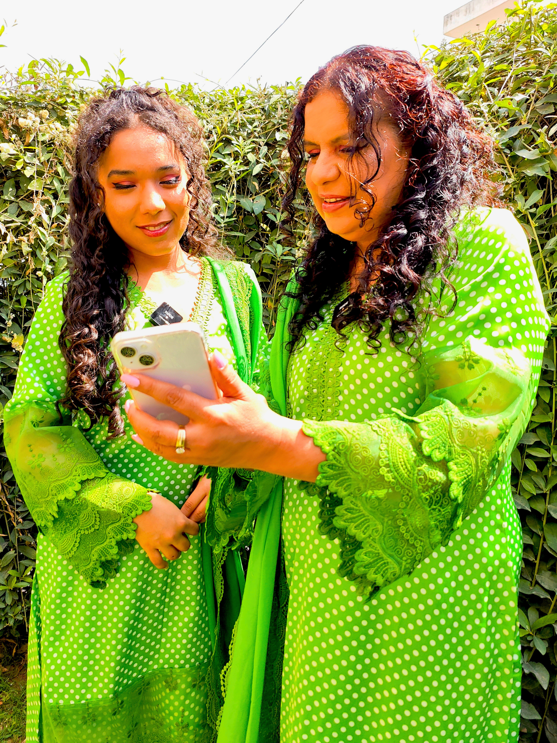 Green Polka Dot Satin Silk Stitched Suit Set