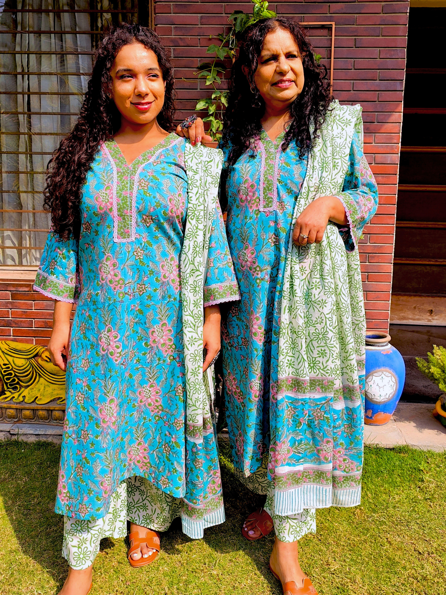 Sky Blue Handblock Pink lace Cotton Stitched Suit Set
