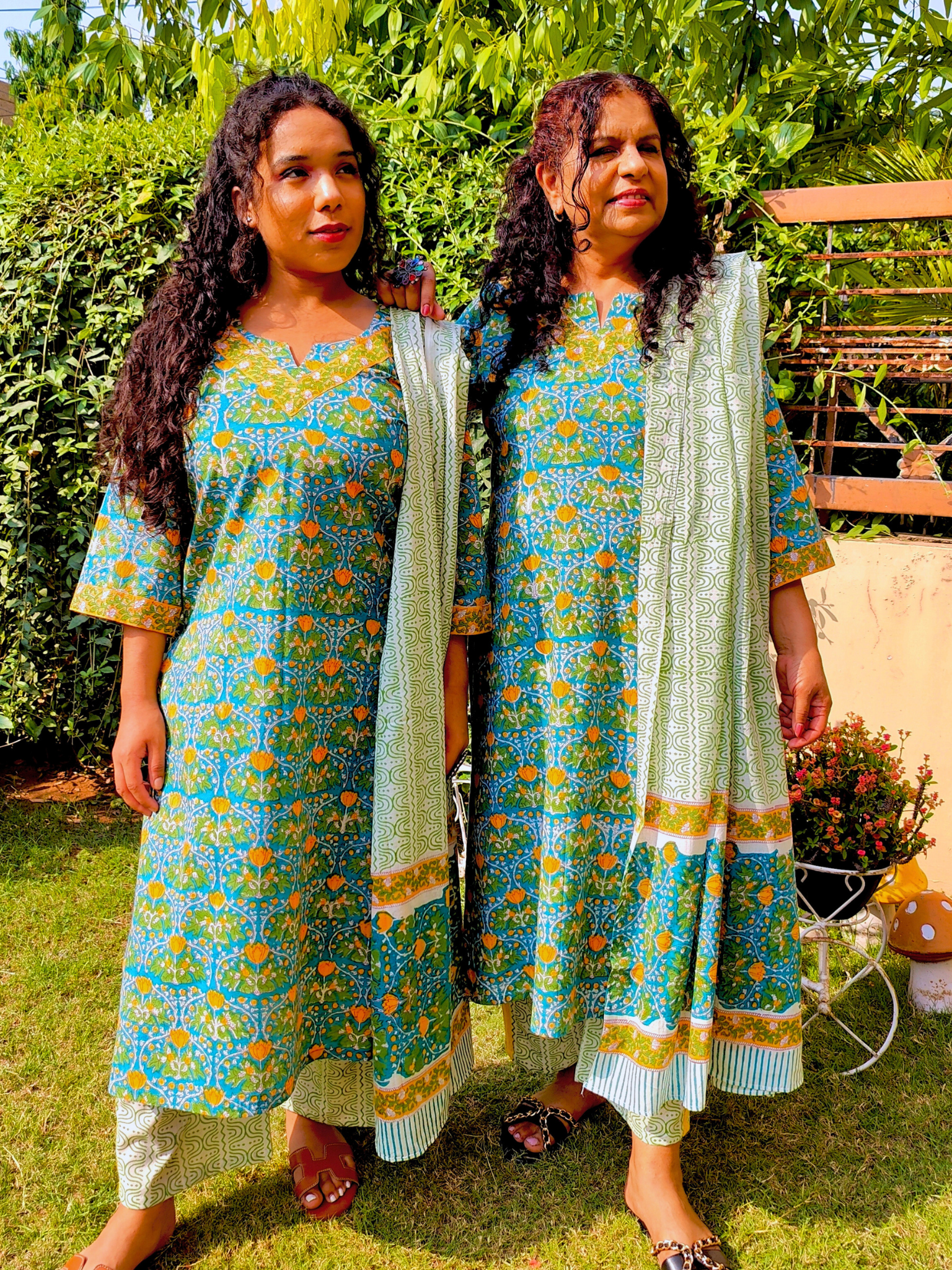 Green Cotton Handblock Stitched Suit Set