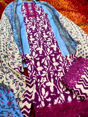 Purple Handblock Cotton Unstitched Dress Material Suit Set