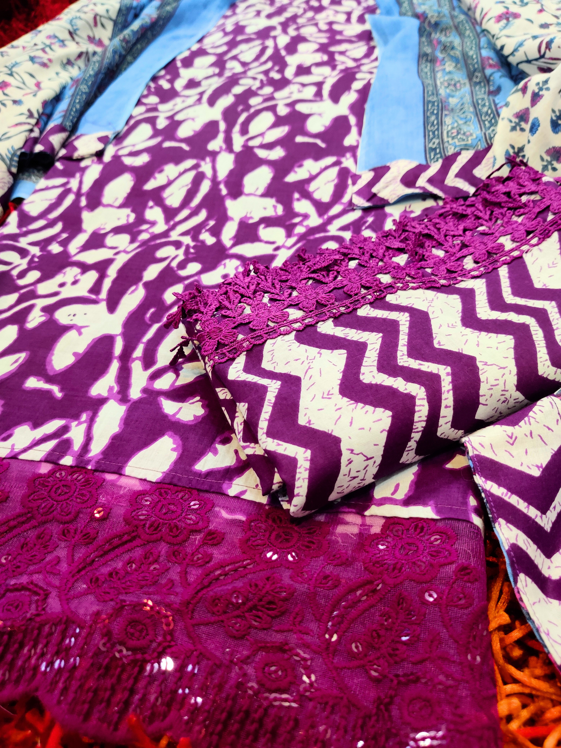 Purple Handblock Cotton Unstitched Dress Material Suit Set