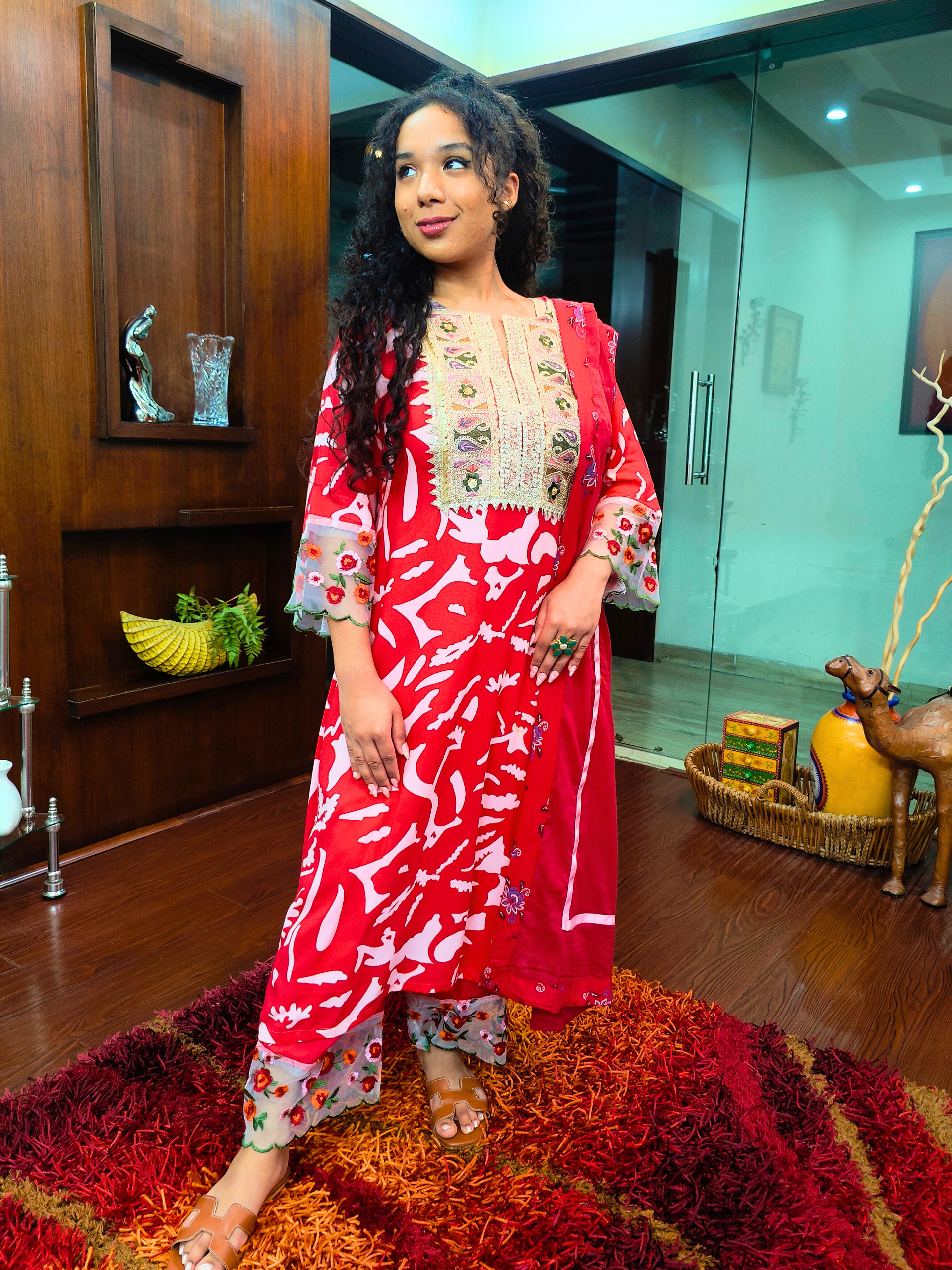 Red and White Floral Embroidered Lace Stitched Suit Set