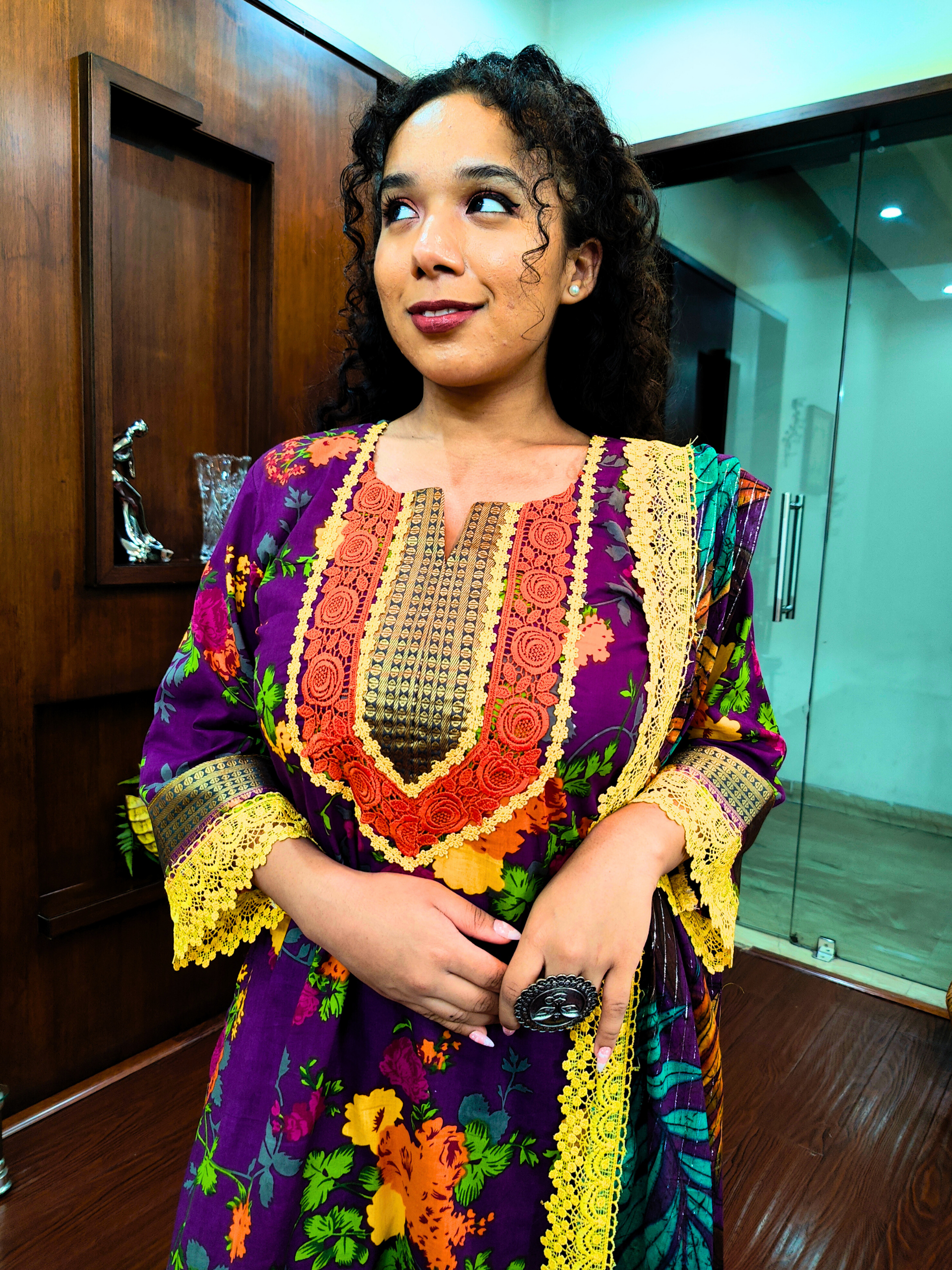 Purple Digital Printed Yellow Lace Cotton Stitched Suit Set