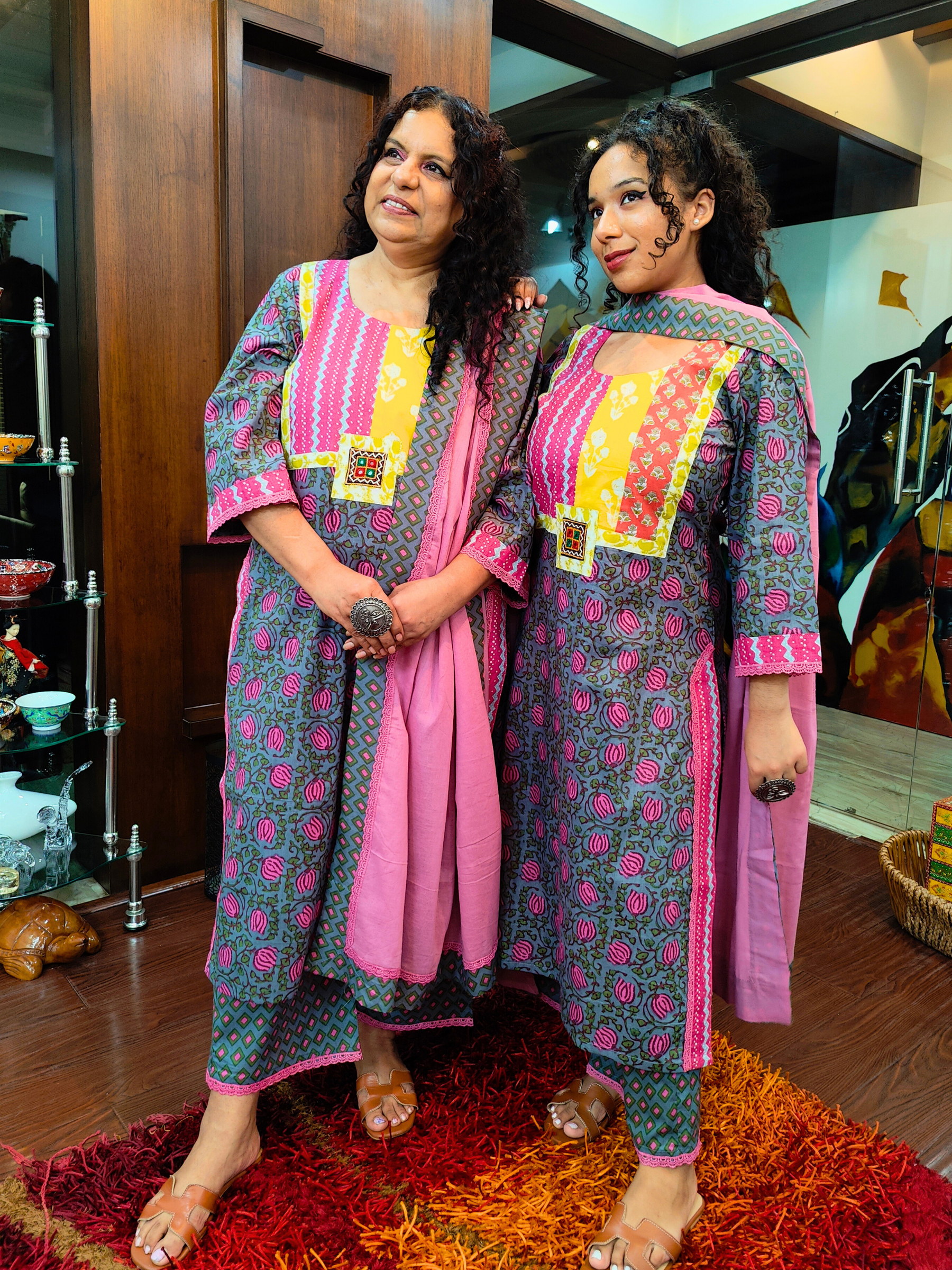 Grey handblock Multi Embroidered Cotton Stitched Suit Set