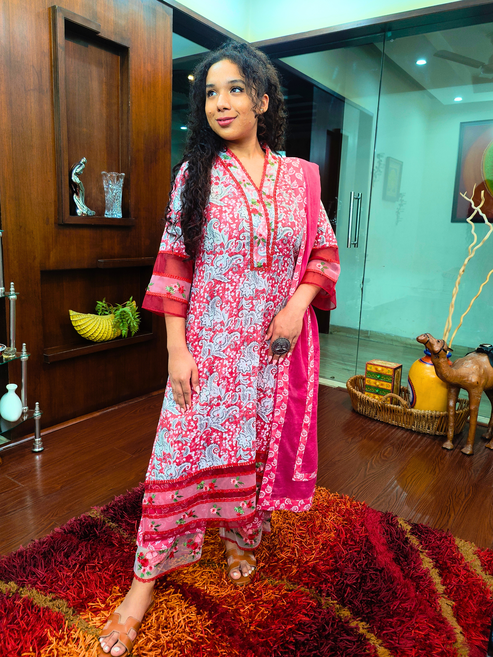 Pink Digital Printed Floral Embroidered Lace Stitched Suit Set