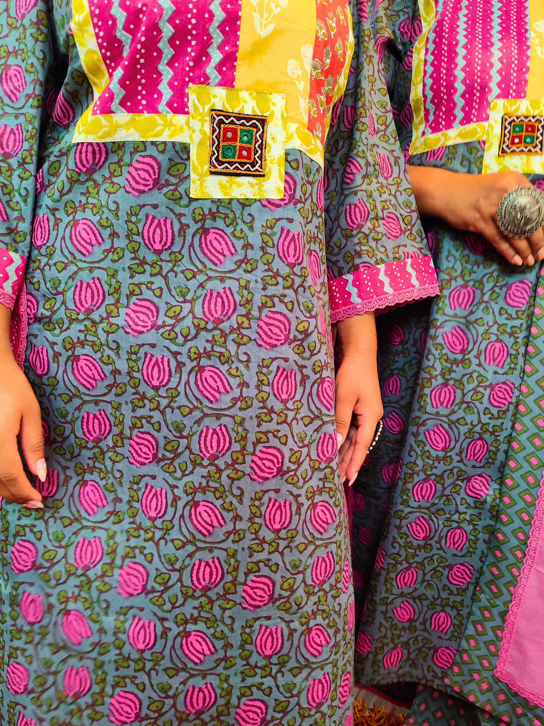 Grey handblock Multi Embroidered Cotton Stitched Suit Set