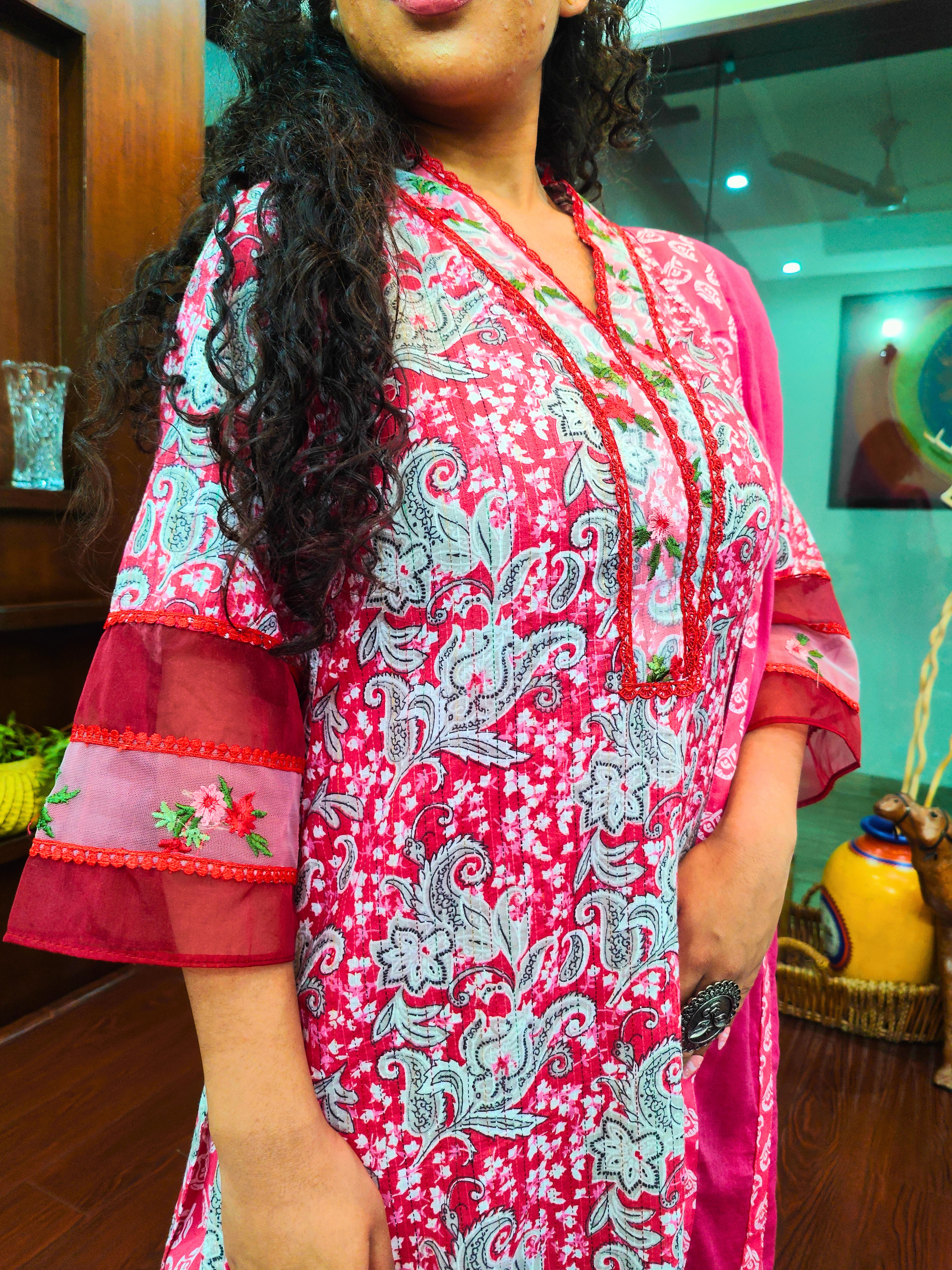 Pink Digital Printed Floral Embroidered Lace Stitched Suit Set