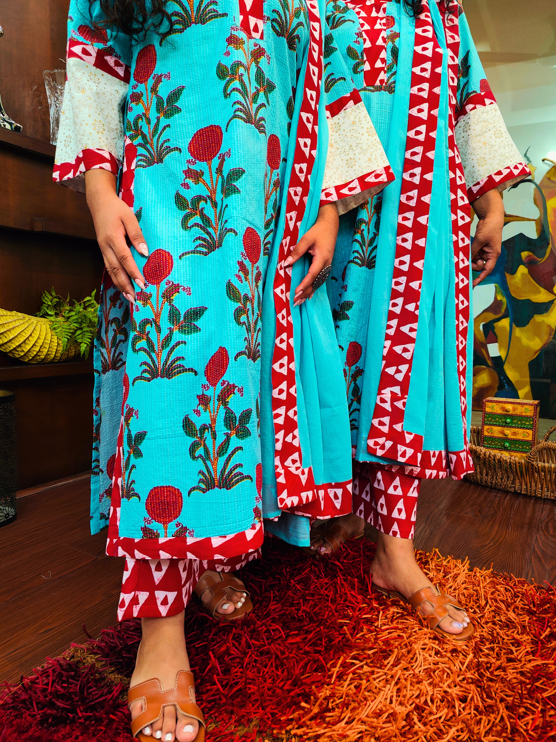 Sky Blue Handblock Cotton Stitched Suit Set
