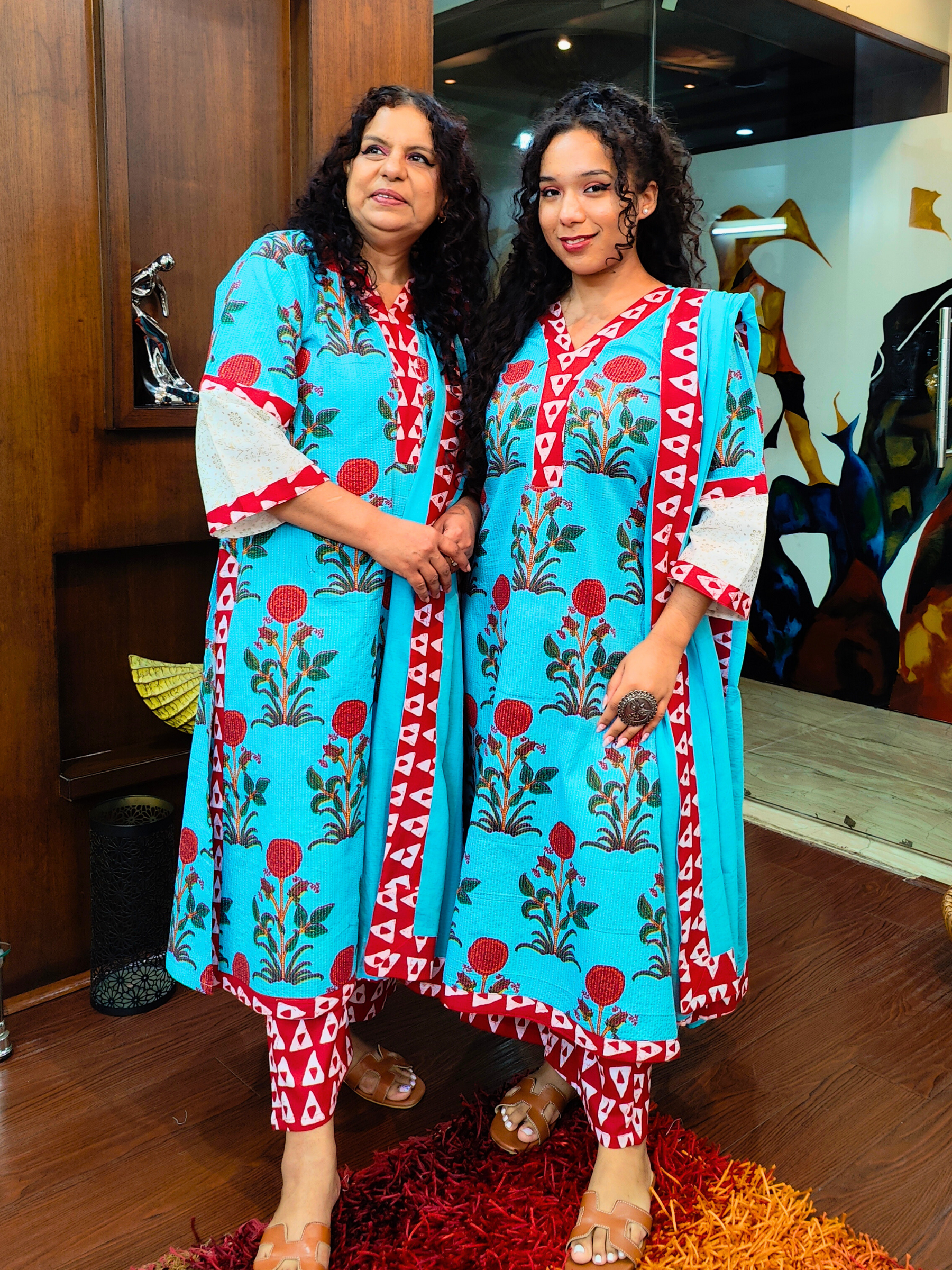 Sky Blue Handblock Cotton Stitched Suit Set