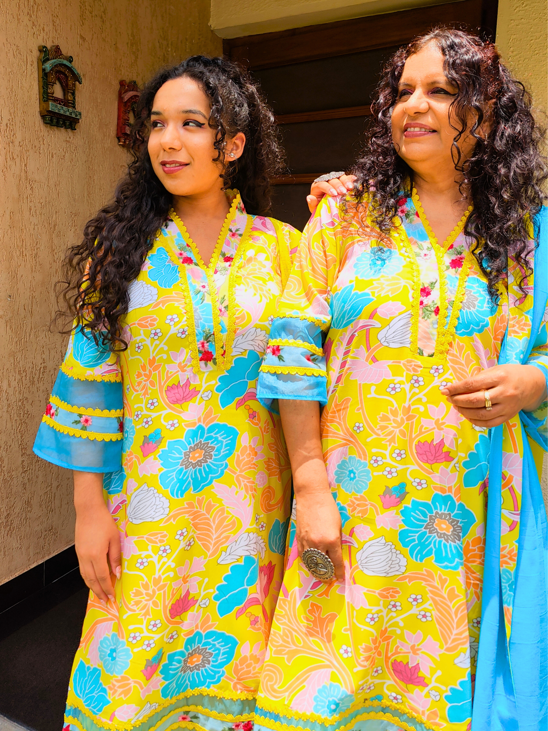 Yellow Multi Coloured Floral Embroidered Lace Cotton Stitched Suit Set