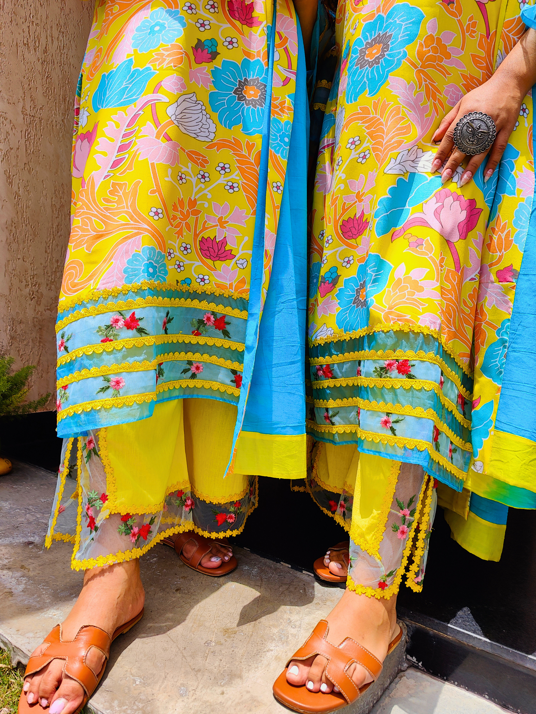 Yellow Multi Coloured Floral Embroidered Lace Cotton Stitched Suit Set