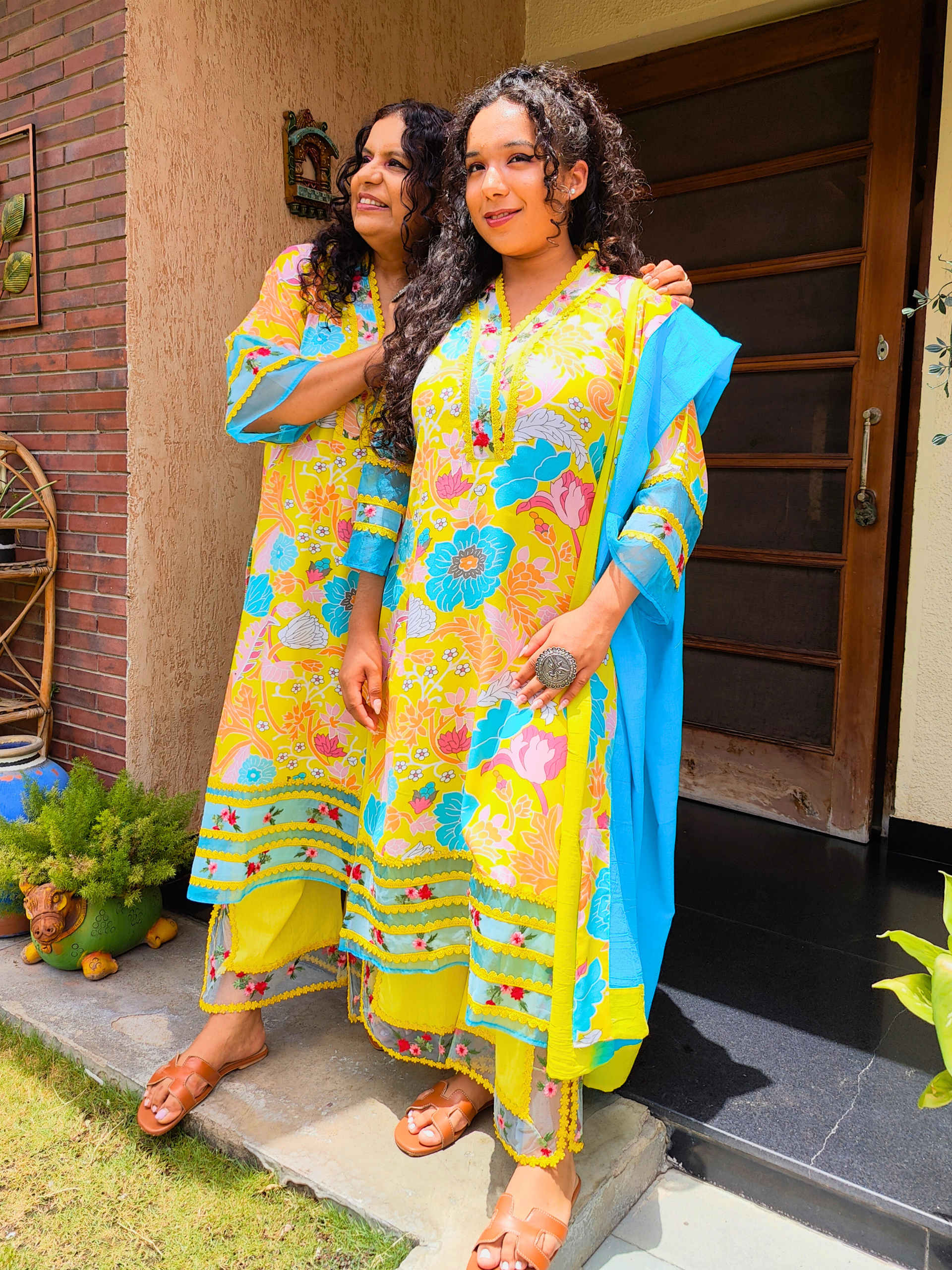 Yellow Multi Coloured Floral Embroidered Lace Cotton Stitched Suit Set