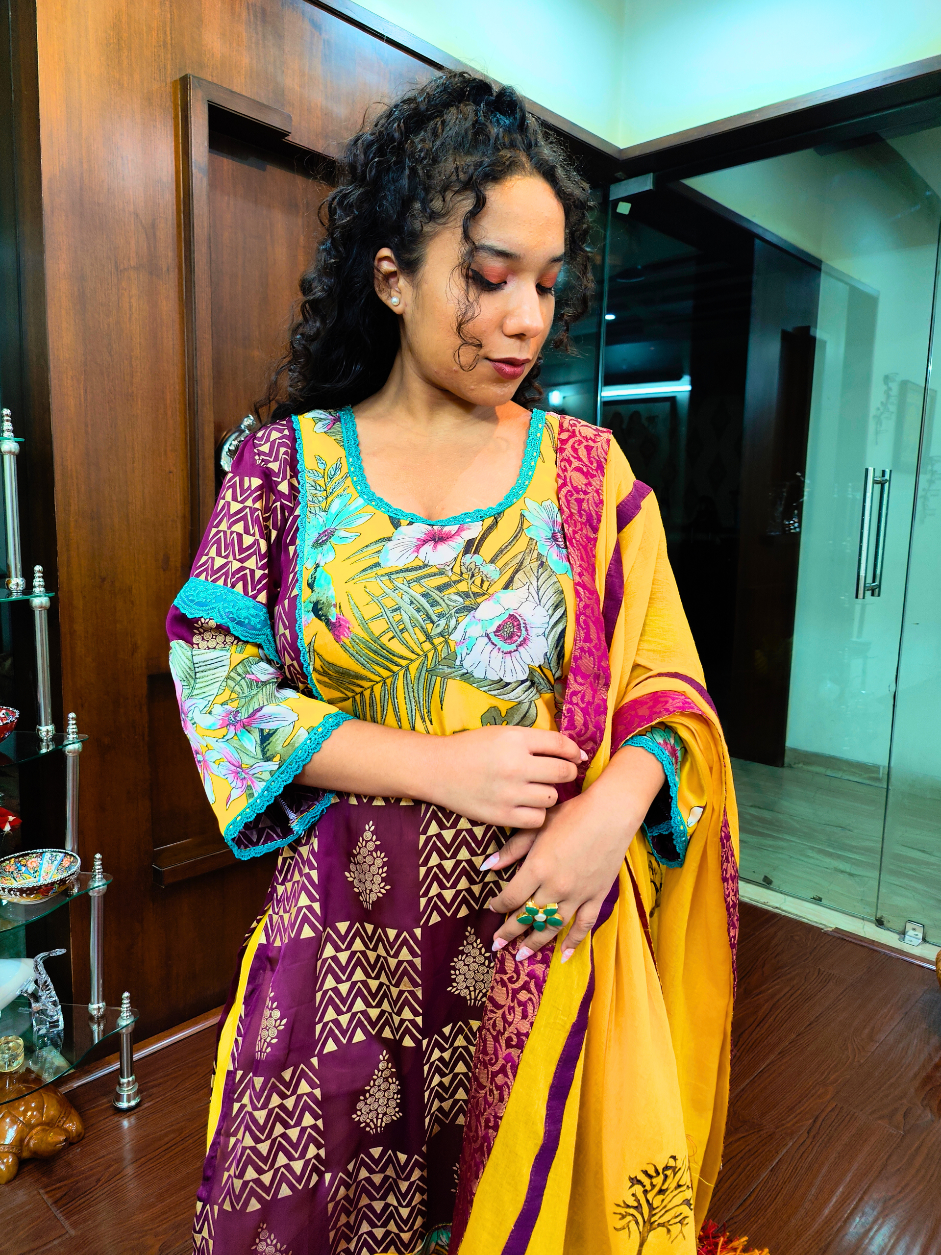 Purple Handblock Silk Green Lace Stitched Suit Set