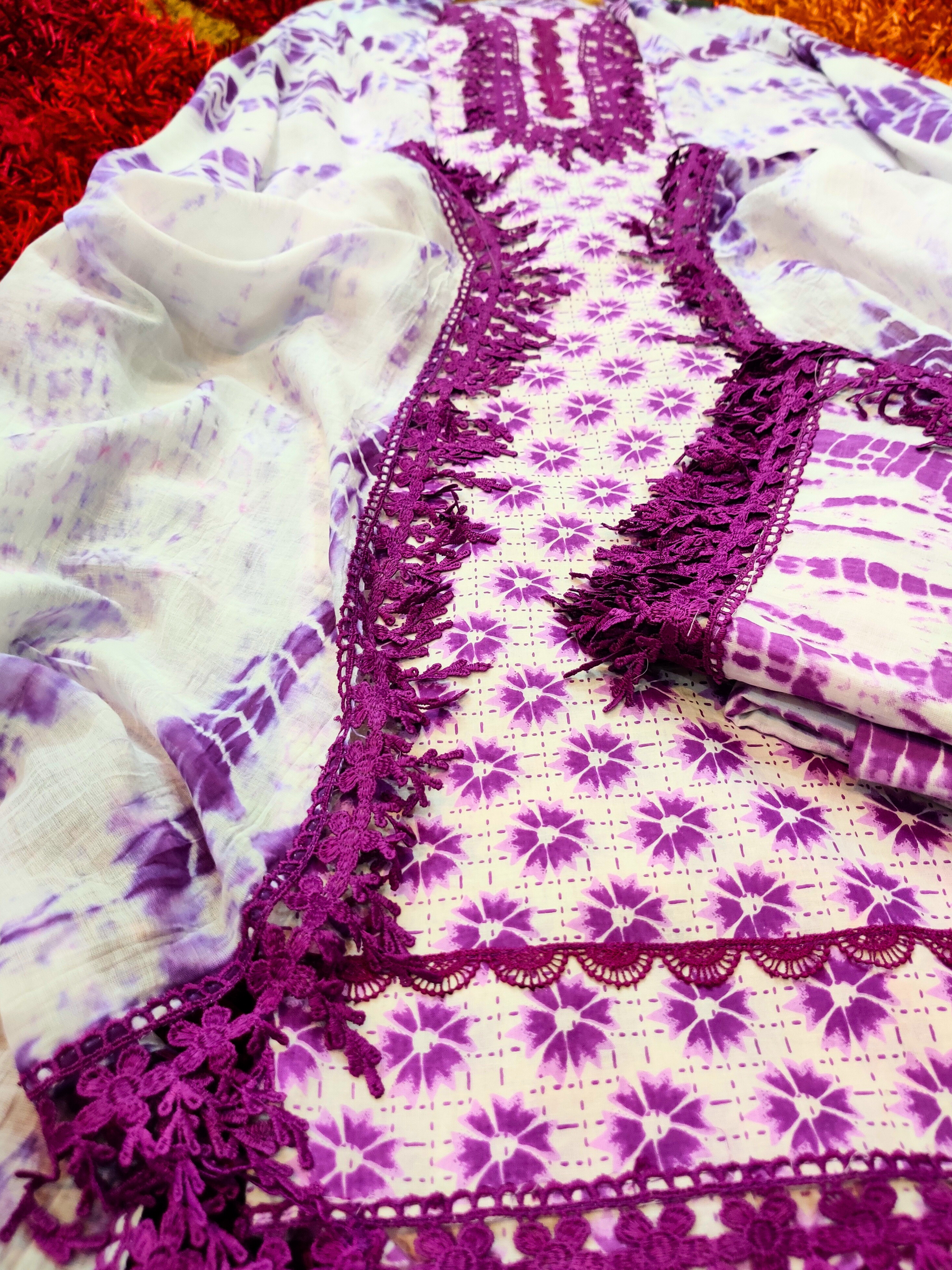 Purple and White Handblock Cotton Unstitched Dress Material Suit Set