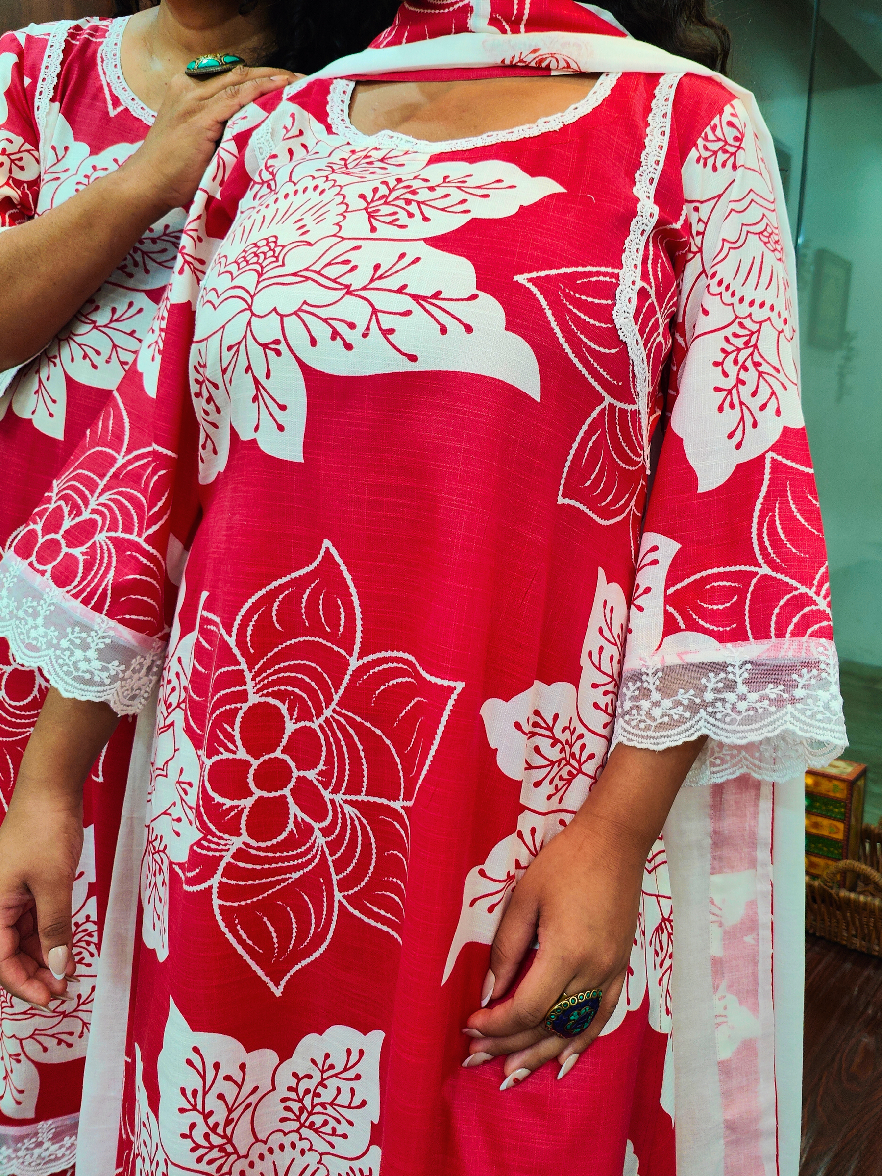 Red Digital Printed White Lace Cotton Stitched Suit Set