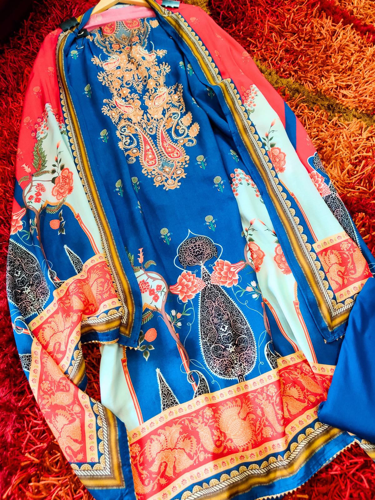 Blue Muslin Pakistani Printed Unstitched Dress Material Suit Set