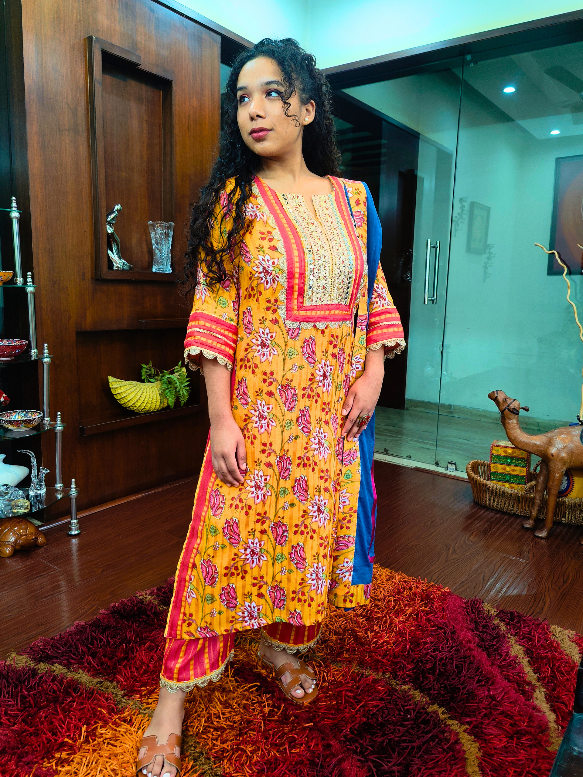 Yellow Floral Digital Printed Silver Gota Cotton Stitched Suit Set