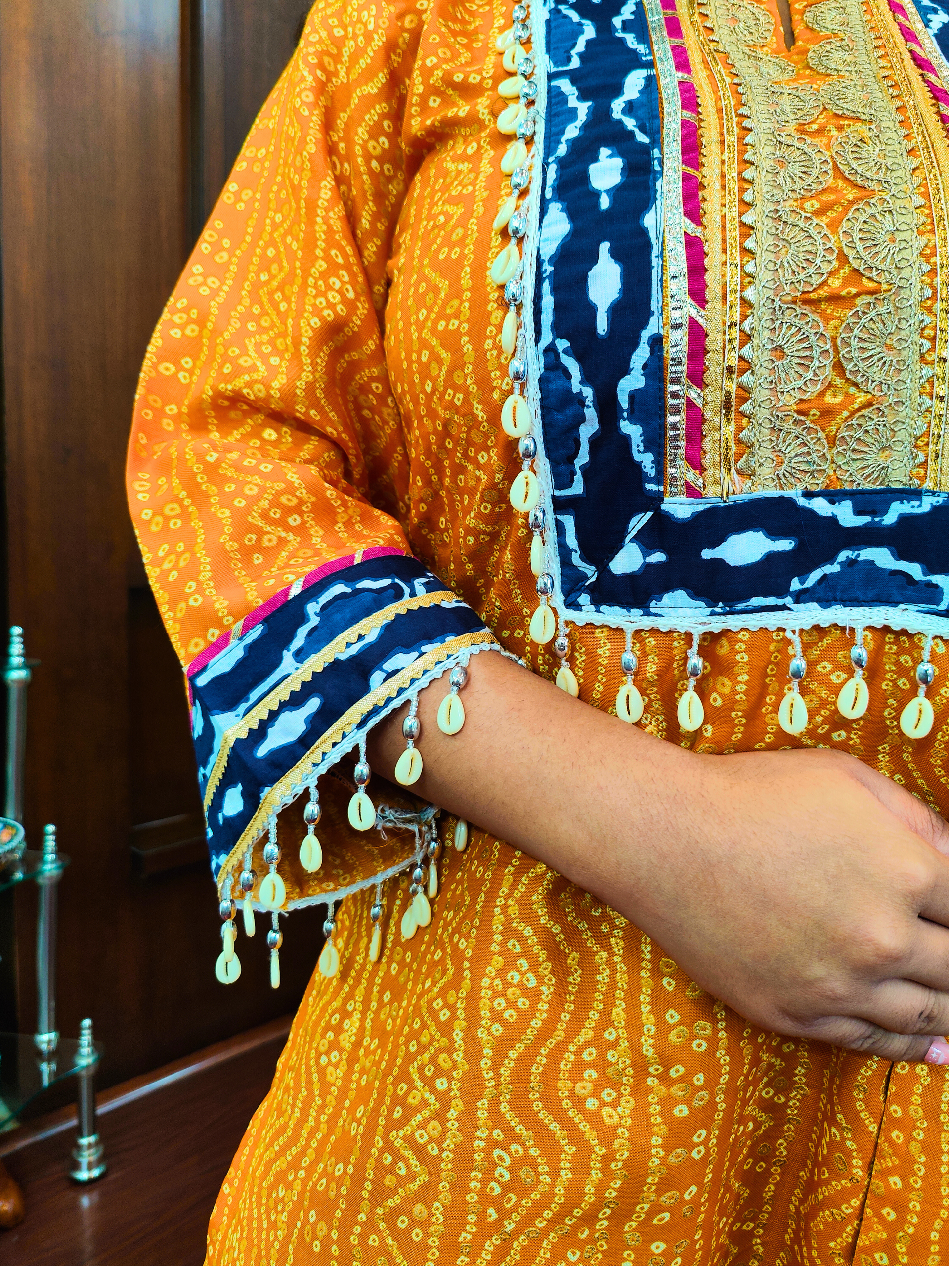 Yellow Bandhej Multi Coloured Gota Flowable Cotton Stitched Suit Set