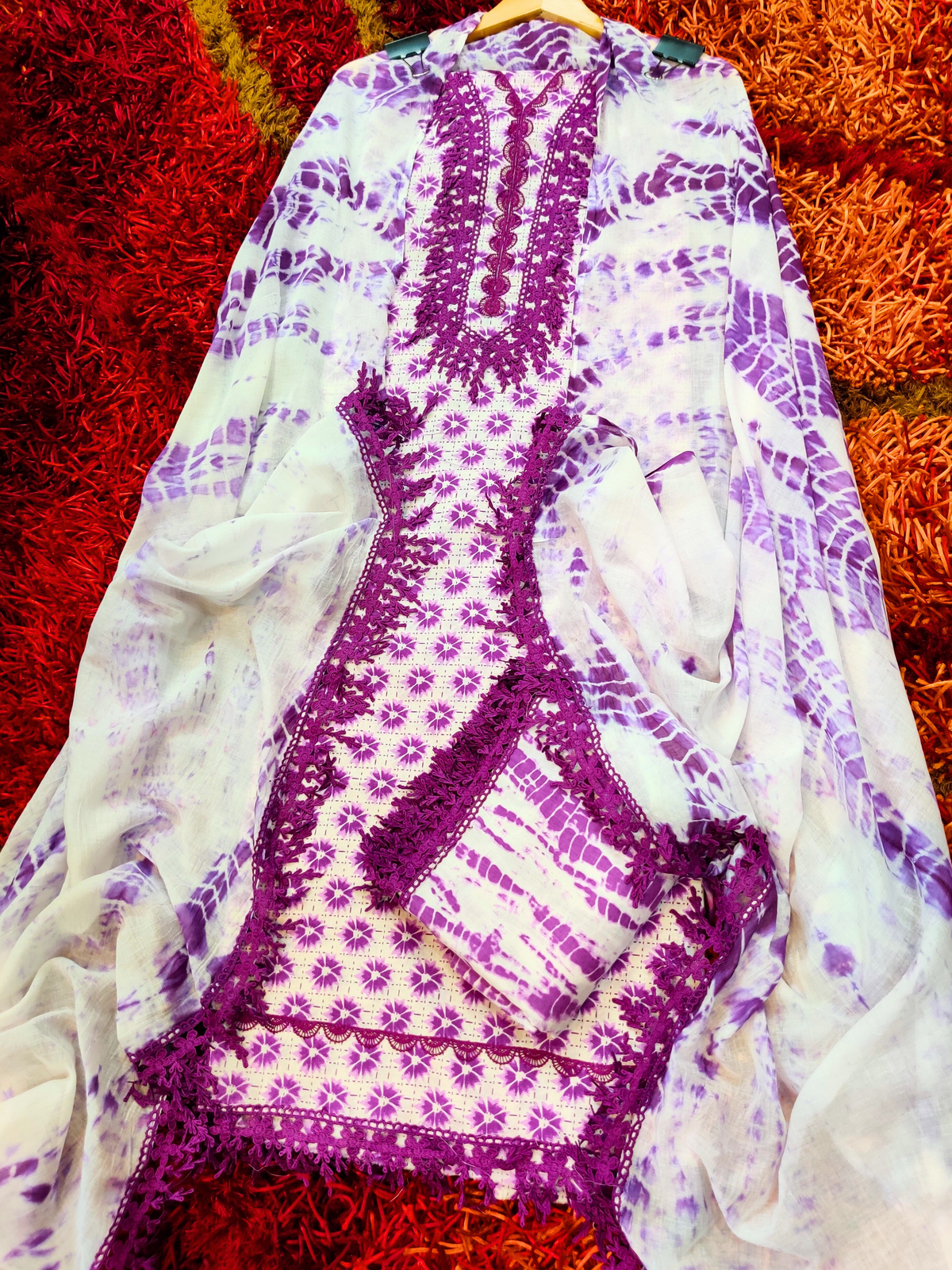Purple and White Handblock Cotton Unstitched Dress Material Suit Set