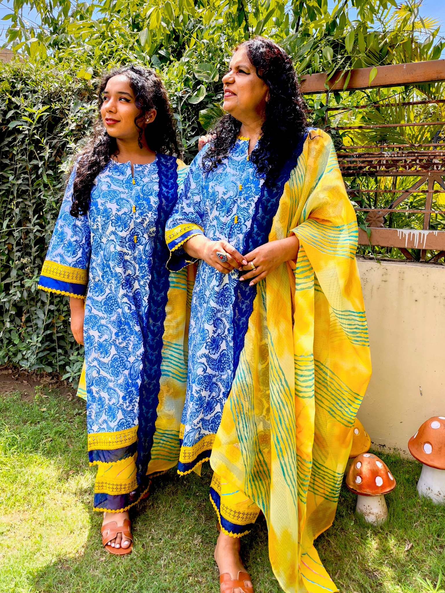 Blue Digital Printed Yellow Lace Cotton Stitched Suit Set