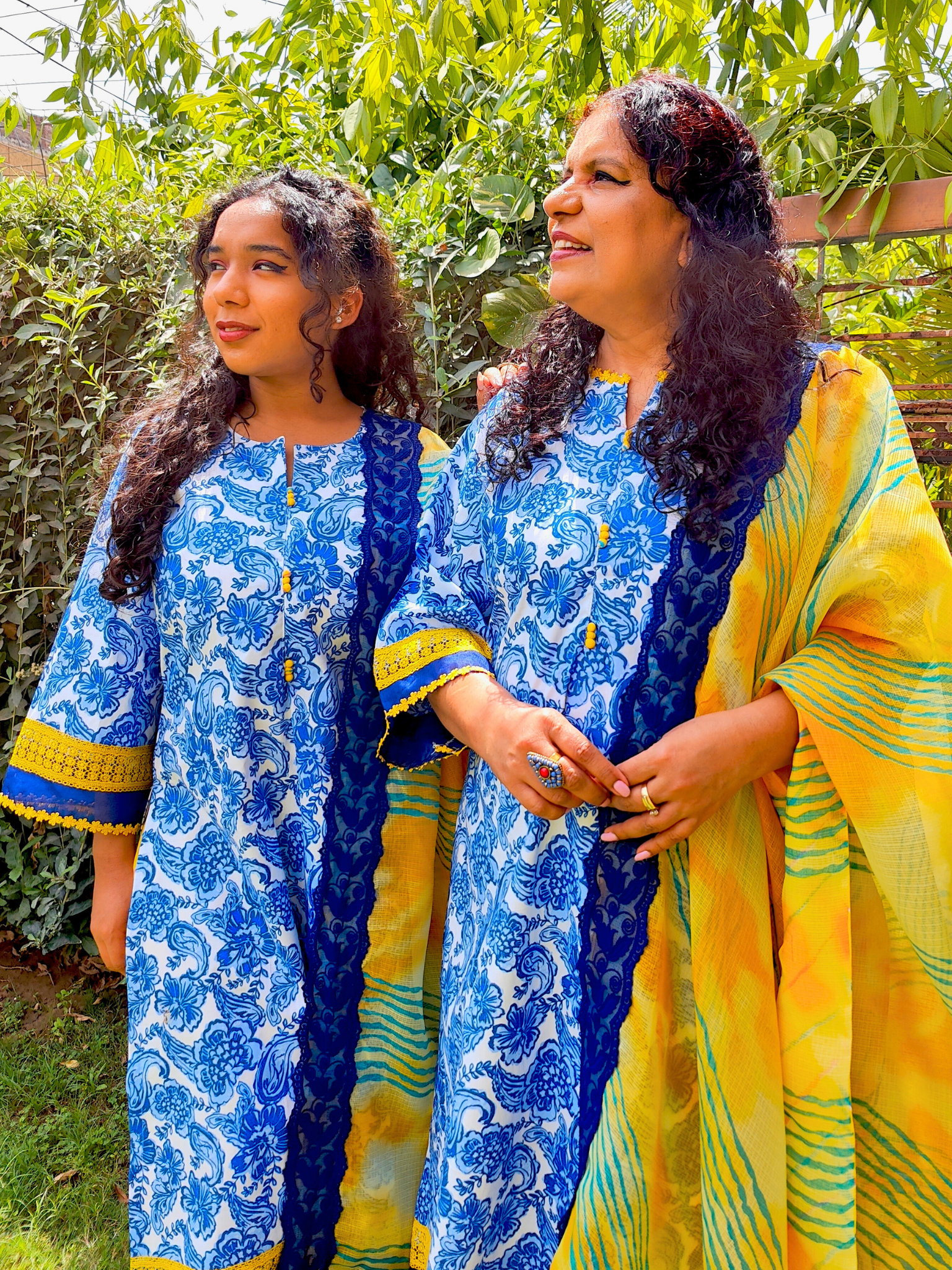Blue Digital Printed Yellow Lace Cotton Stitched Suit Set