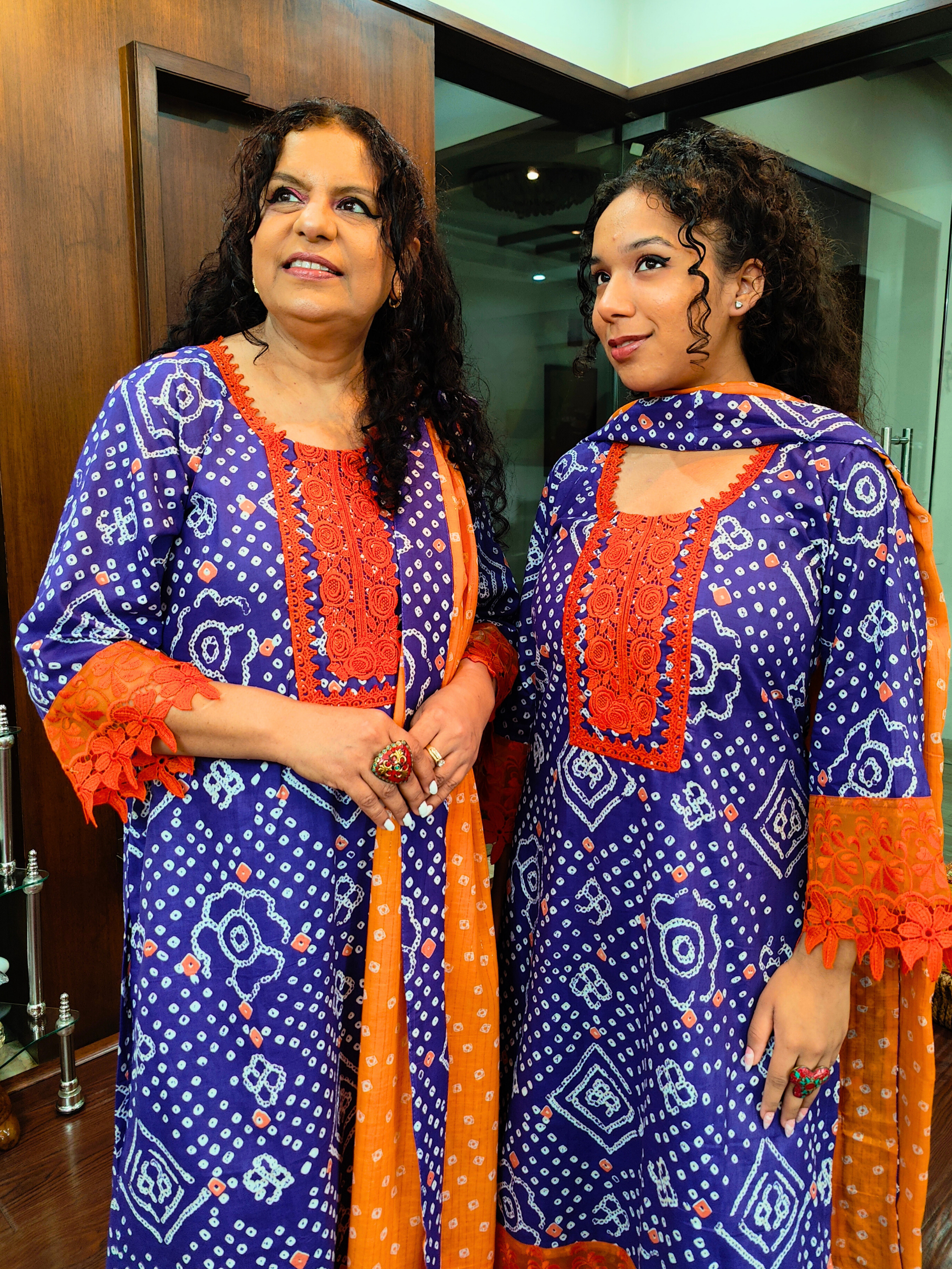 Purple Bandhej Italian Lace Cotton Stitched Suit Set