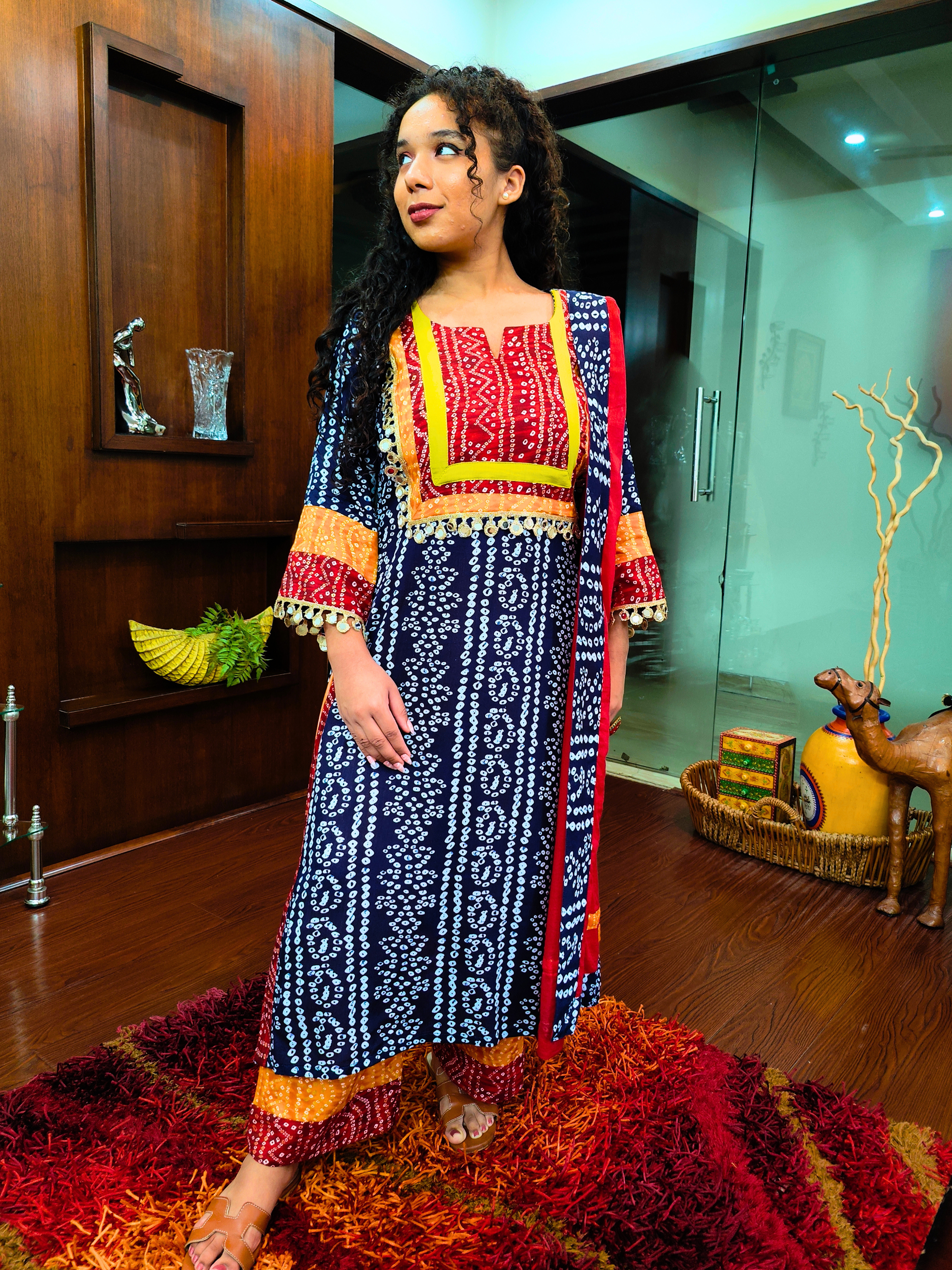 Blue Bandhej Multi Coloured Cotton Stitched Suit Set
