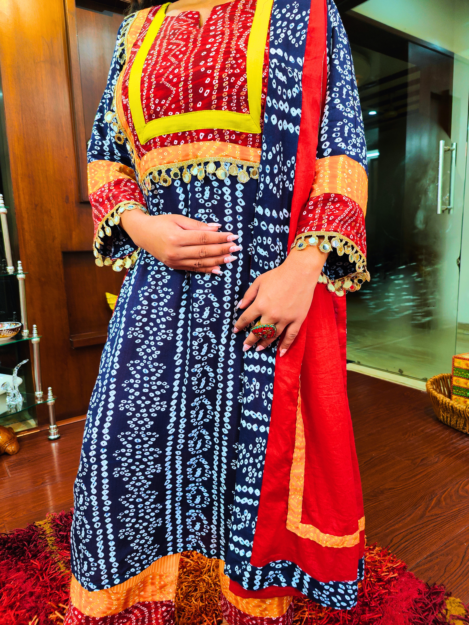 Blue Bandhej Multi Coloured Cotton Stitched Suit Set