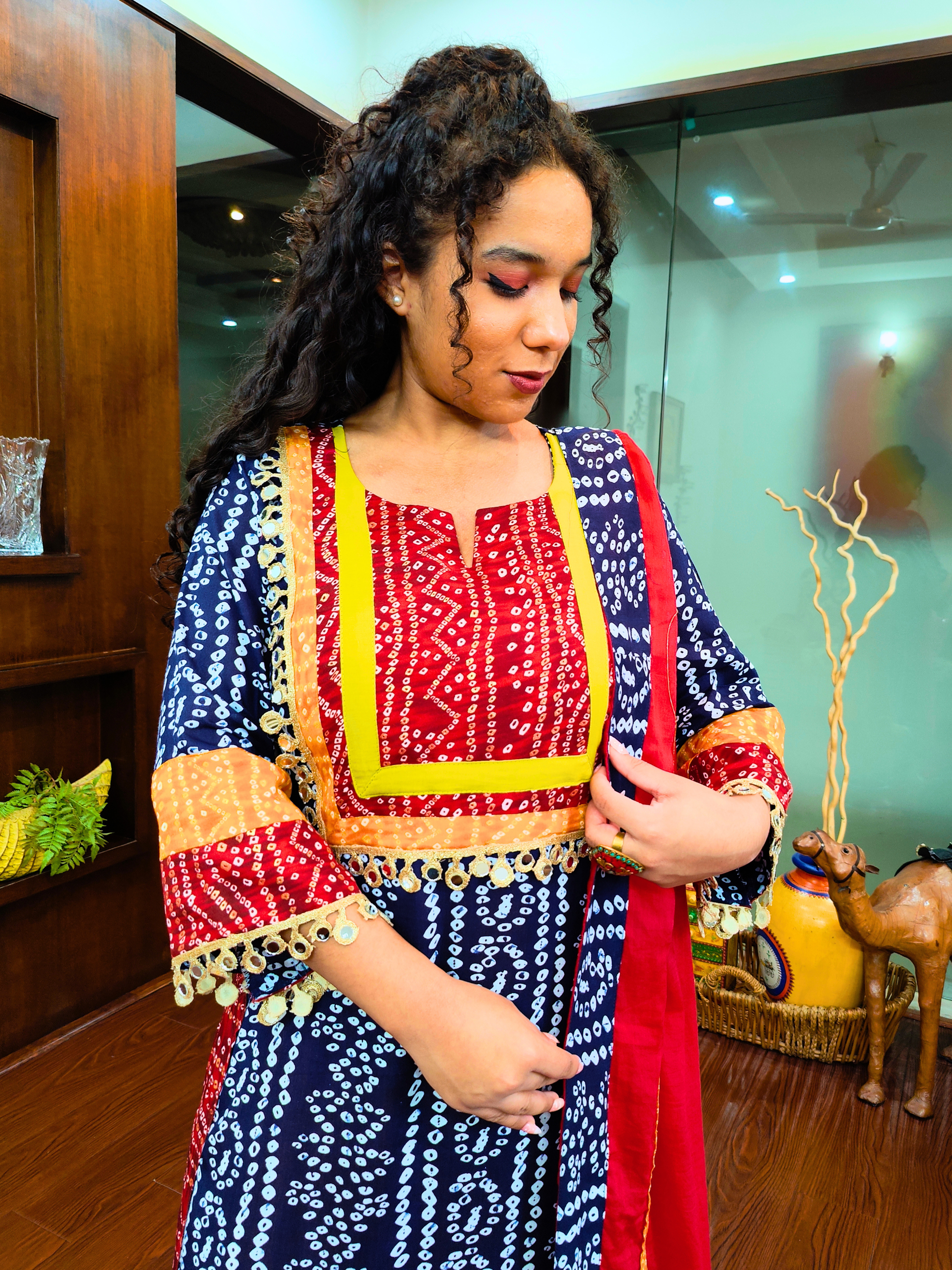 Blue Bandhej Multi Coloured Cotton Stitched Suit Set