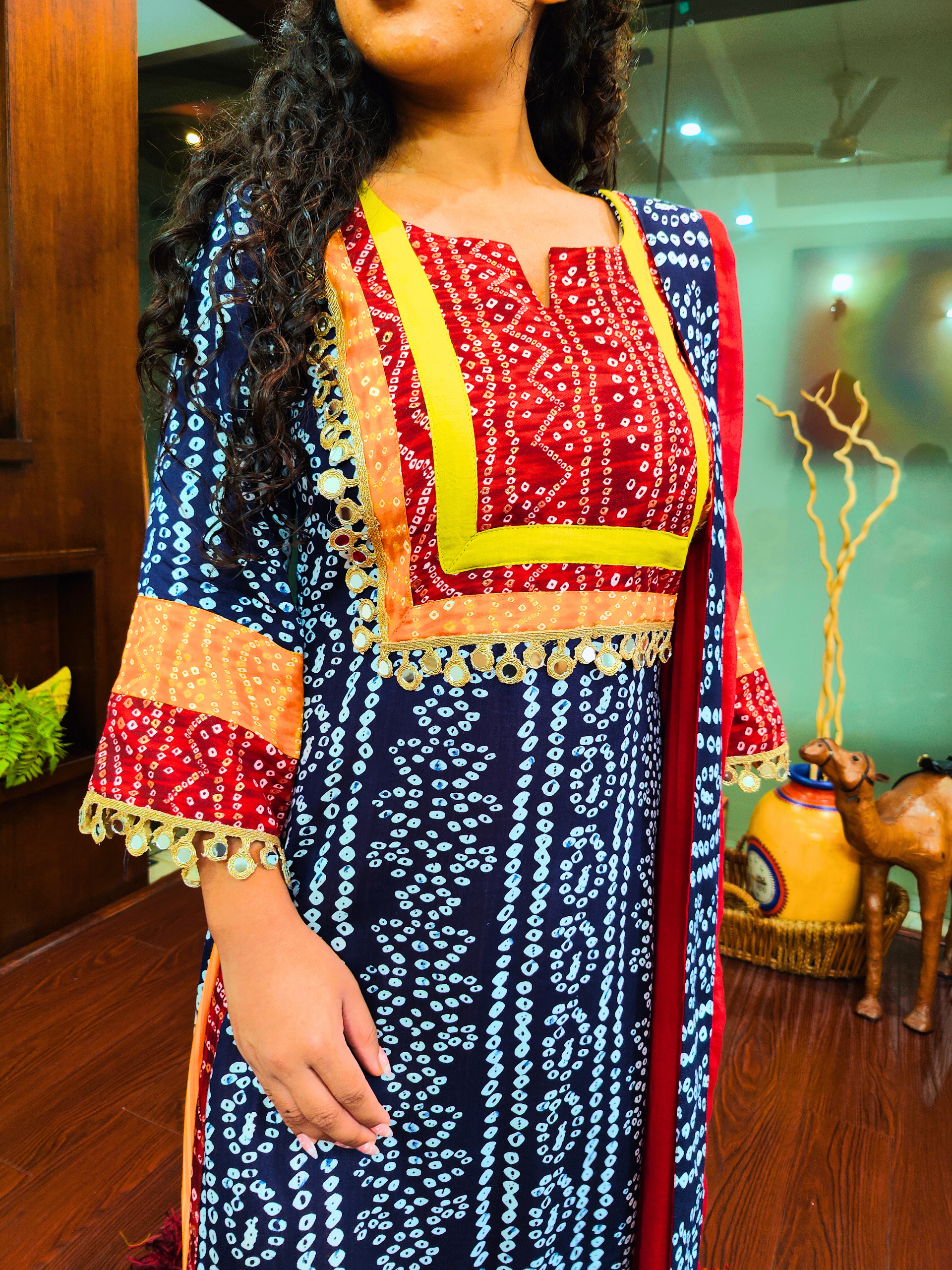 Blue Bandhej Multi Coloured Cotton Stitched Suit Set