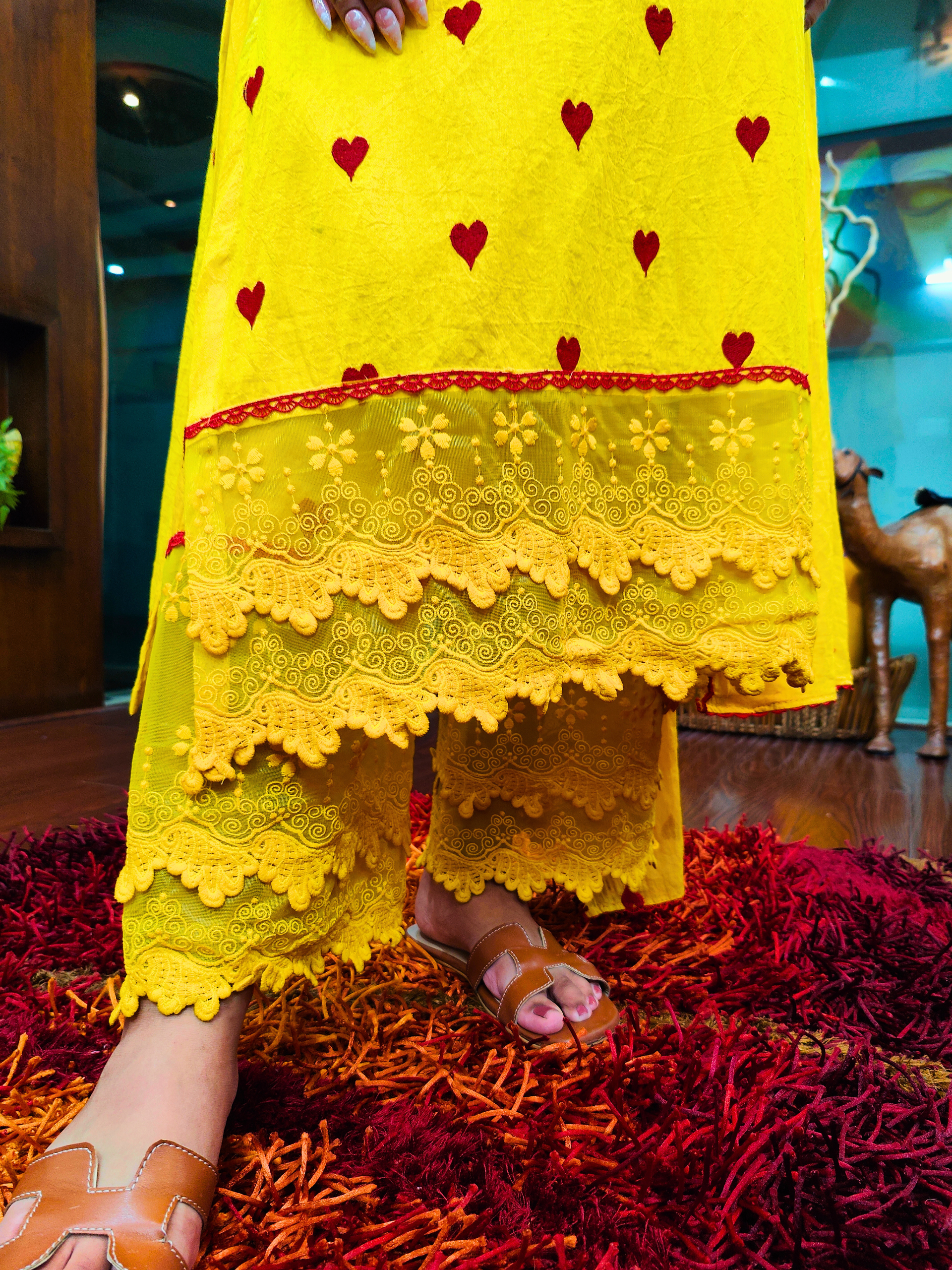 Yellow Heart Embroidered Italian Lace Stitched Suit Set