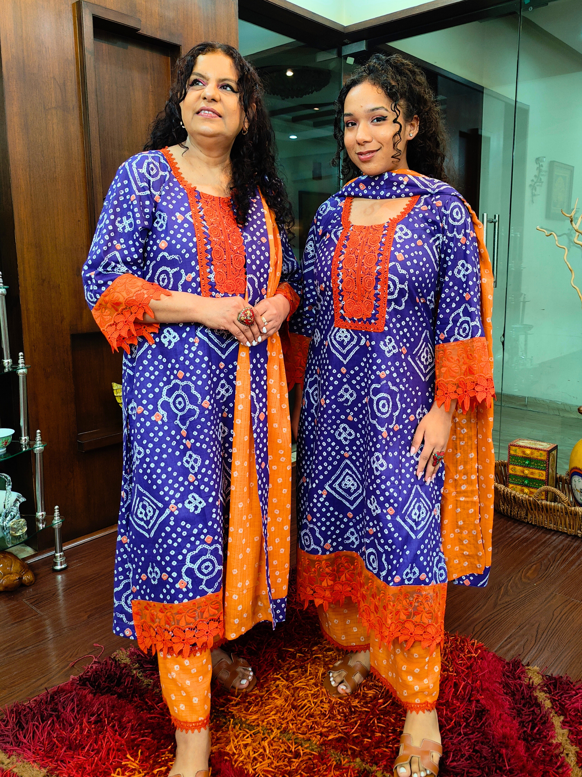 Purple Bandhej Italian Lace Cotton Stitched Suit Set