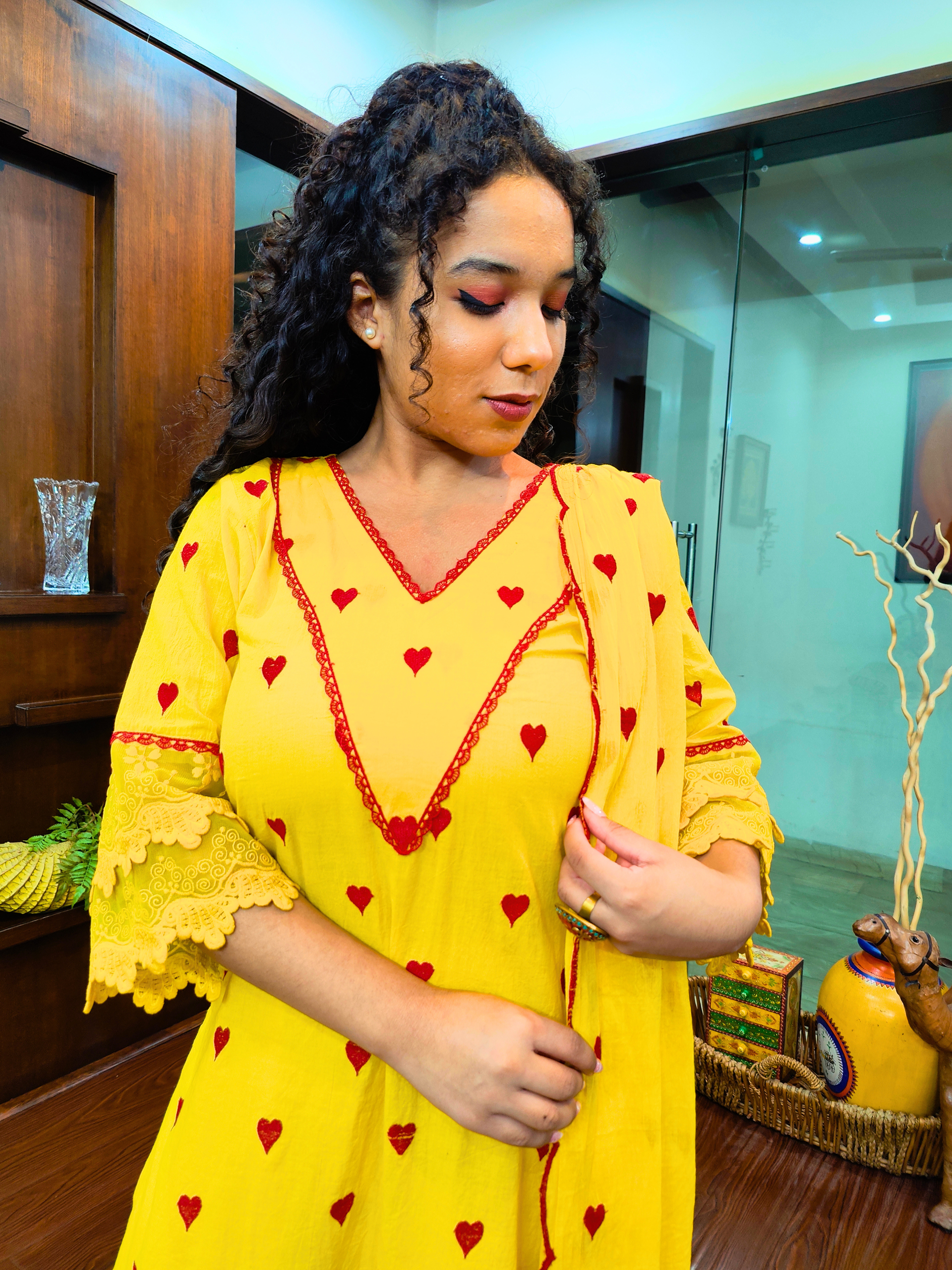 Yellow Heart Embroidered Italian Lace Stitched Suit Set