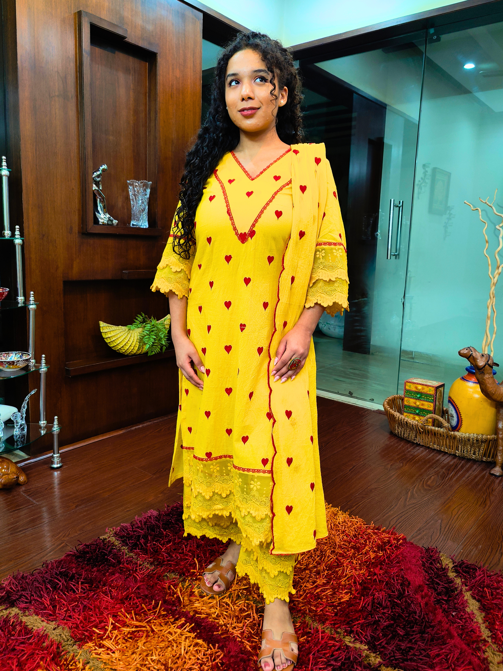 Yellow Heart Embroidered Italian Lace Stitched Suit Set