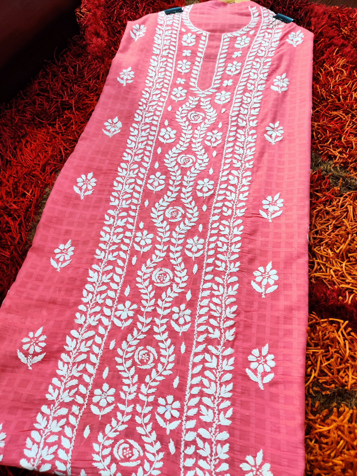 Peach Chikankari Cotton Unstitched Kurta Dress Material