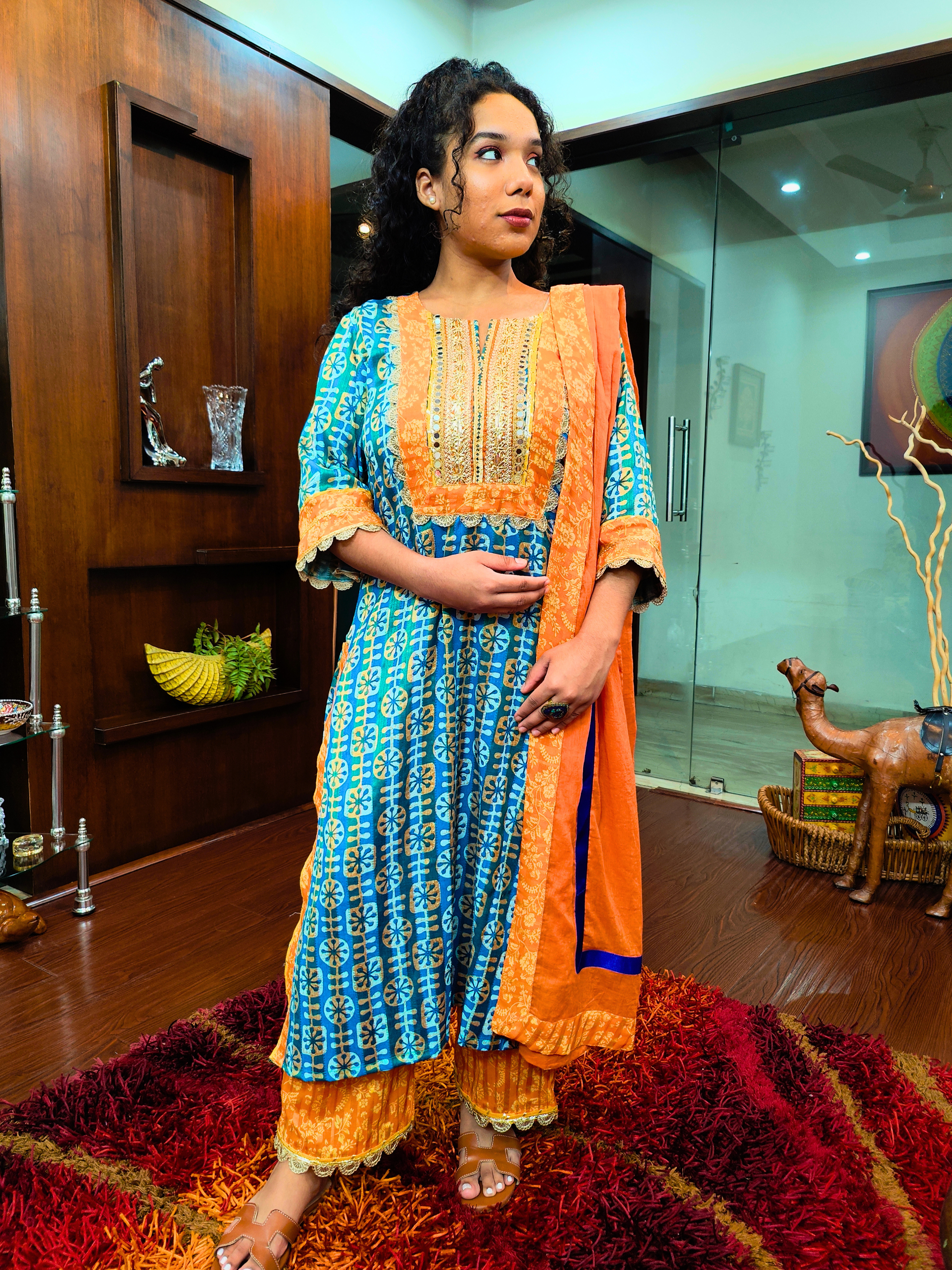 Green Digital Printed Mirror Gota Cotton Stitched Suit Set