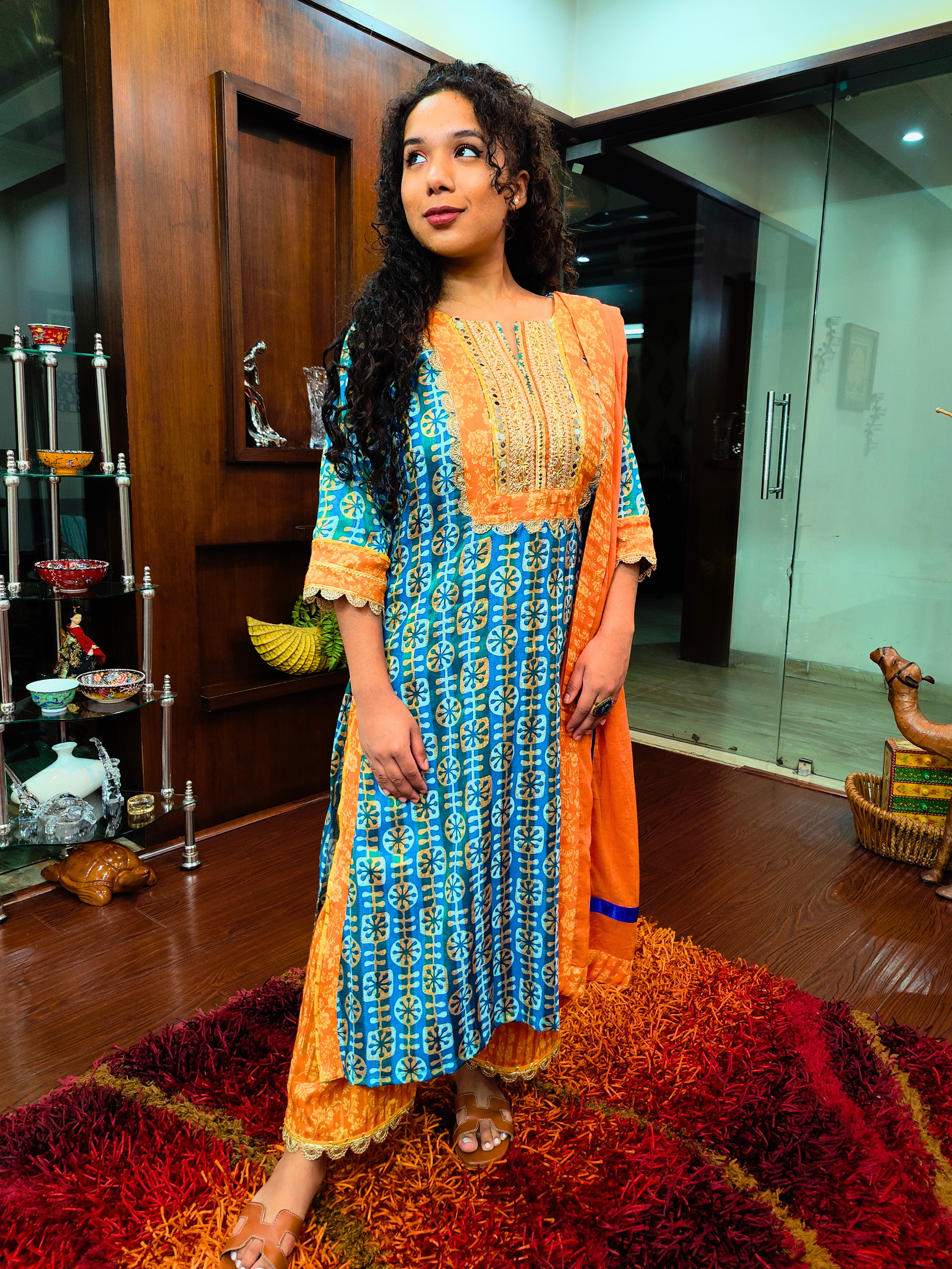 Green Digital Printed Mirror Gota Cotton Stitched Suit Set