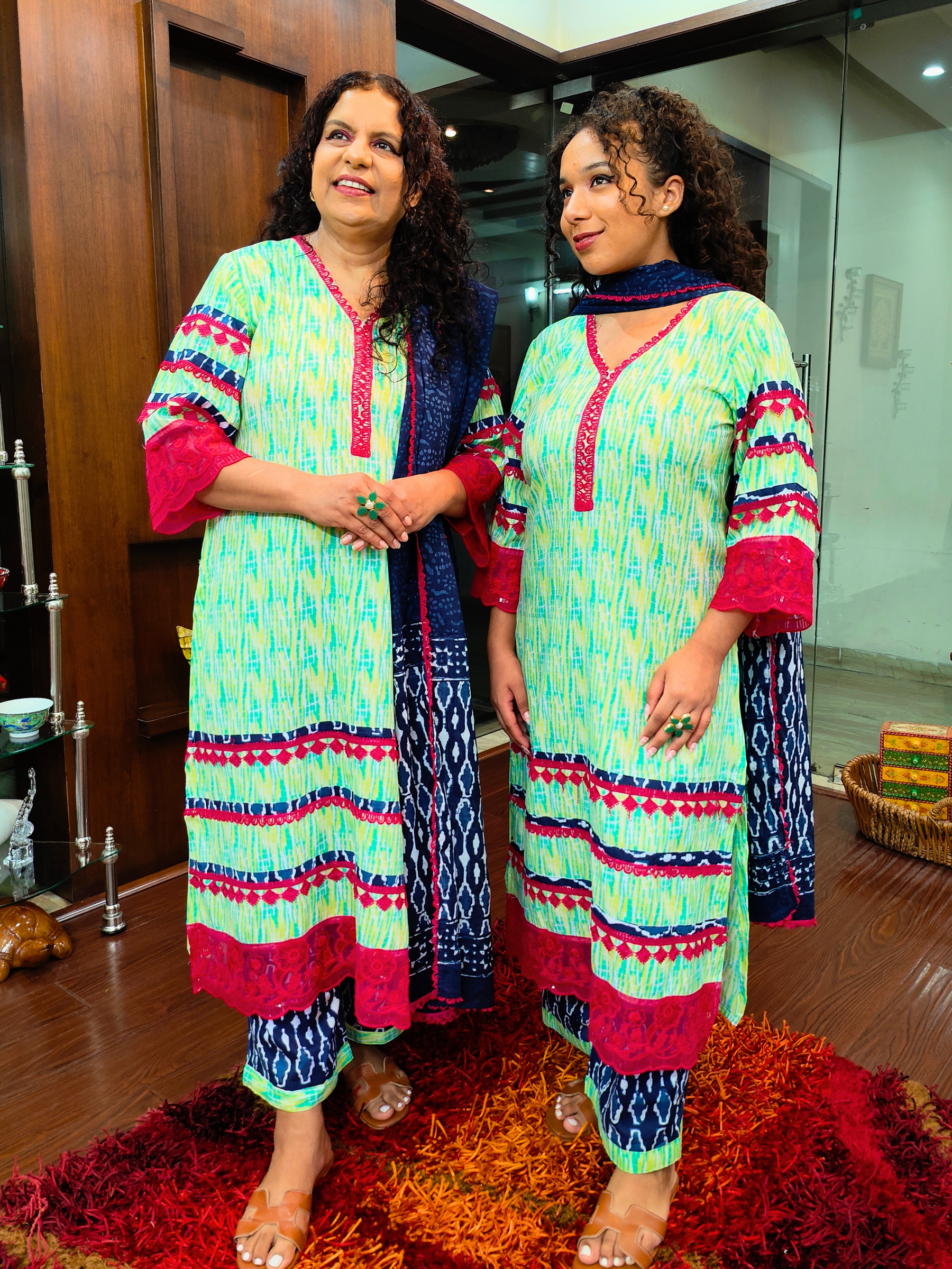 Green Digital Printed Cotton Italian Lace Stitched Suit Set