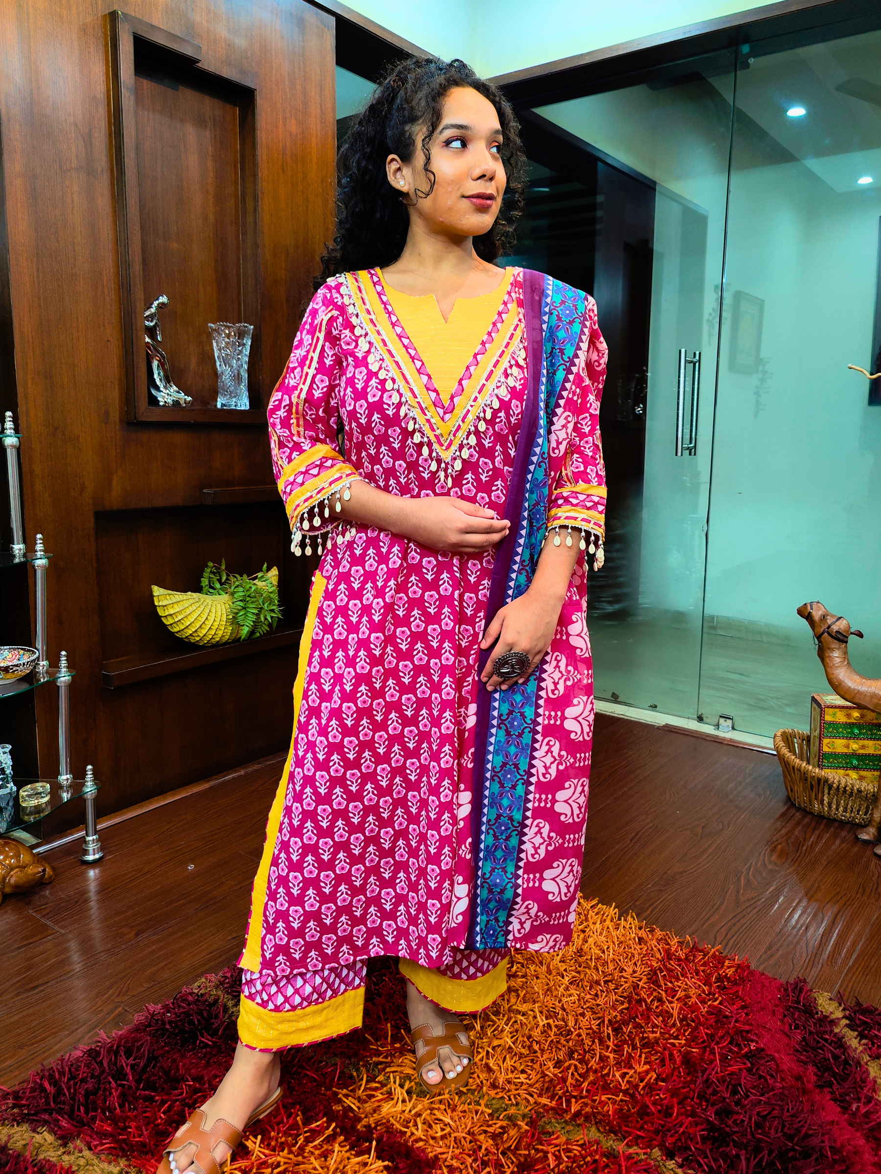 Magenta Digital Printed Silver Gota Cotton Stitched Suit Set