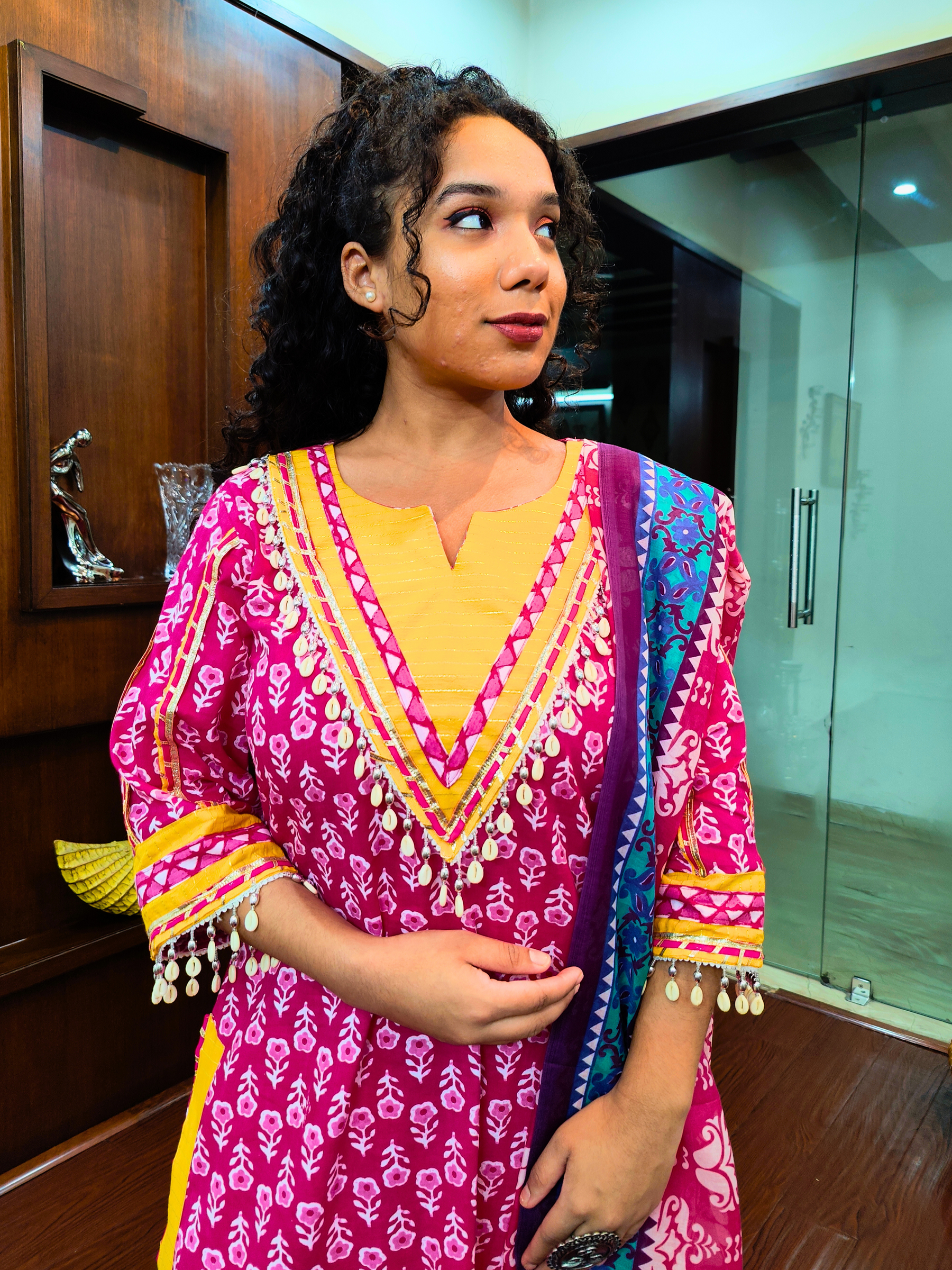 Magenta Digital Printed Silver Gota Cotton Stitched Suit Set