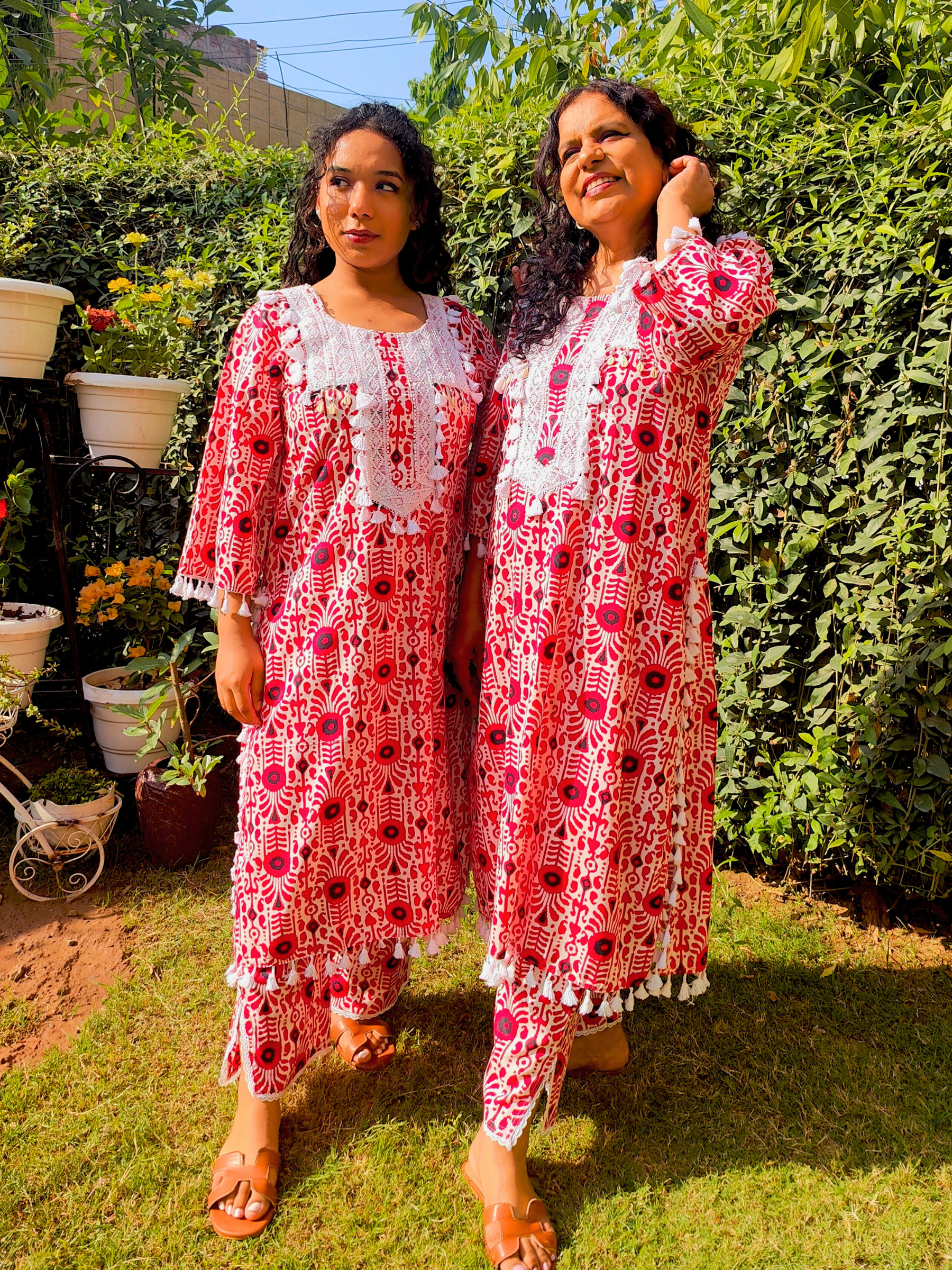 Red and White Tassels Lace Cotton Stitched Co-Ord Set