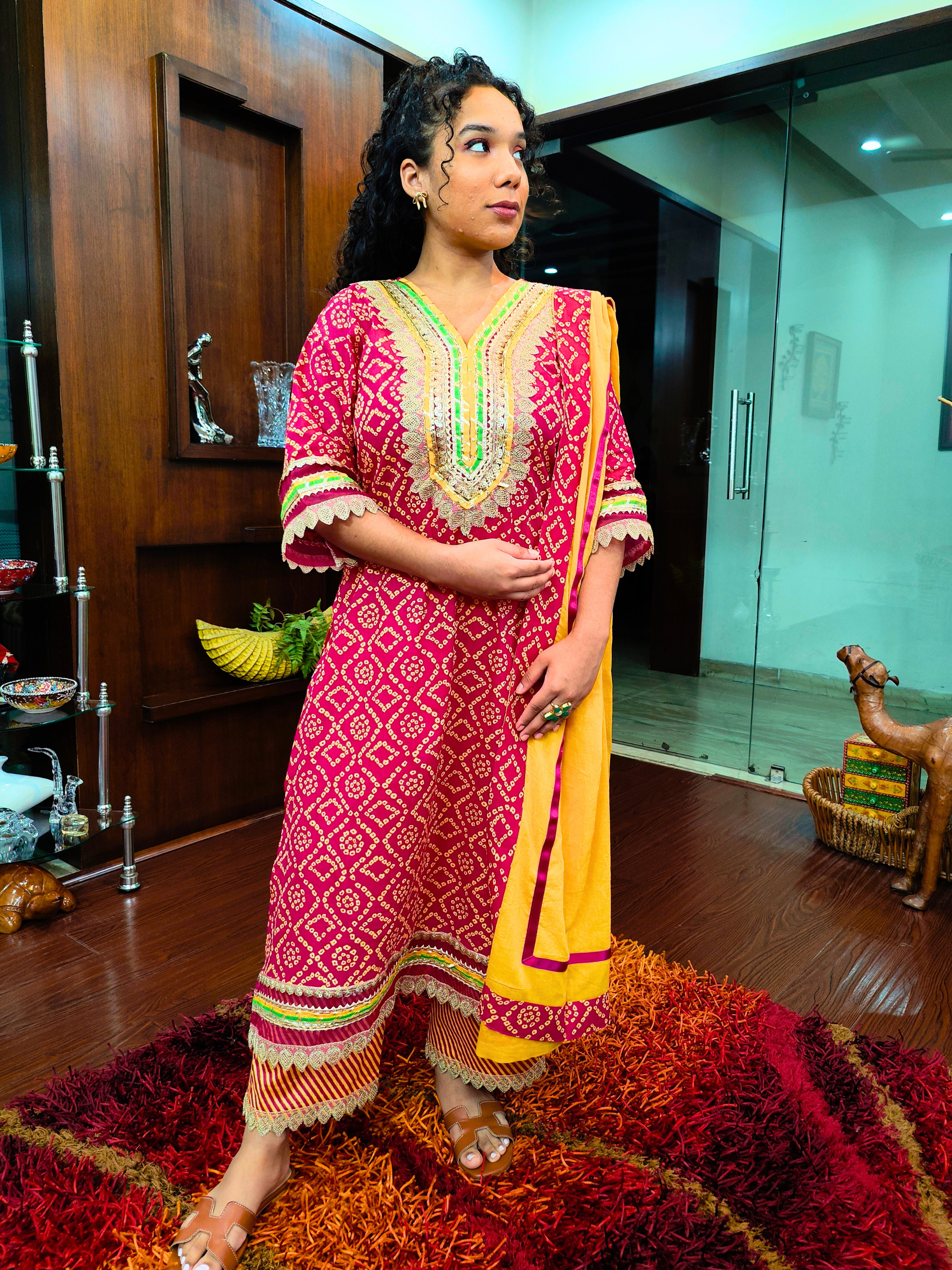 Red Bandhej Multi Coloured Gota Cotton Stitched Suit Set