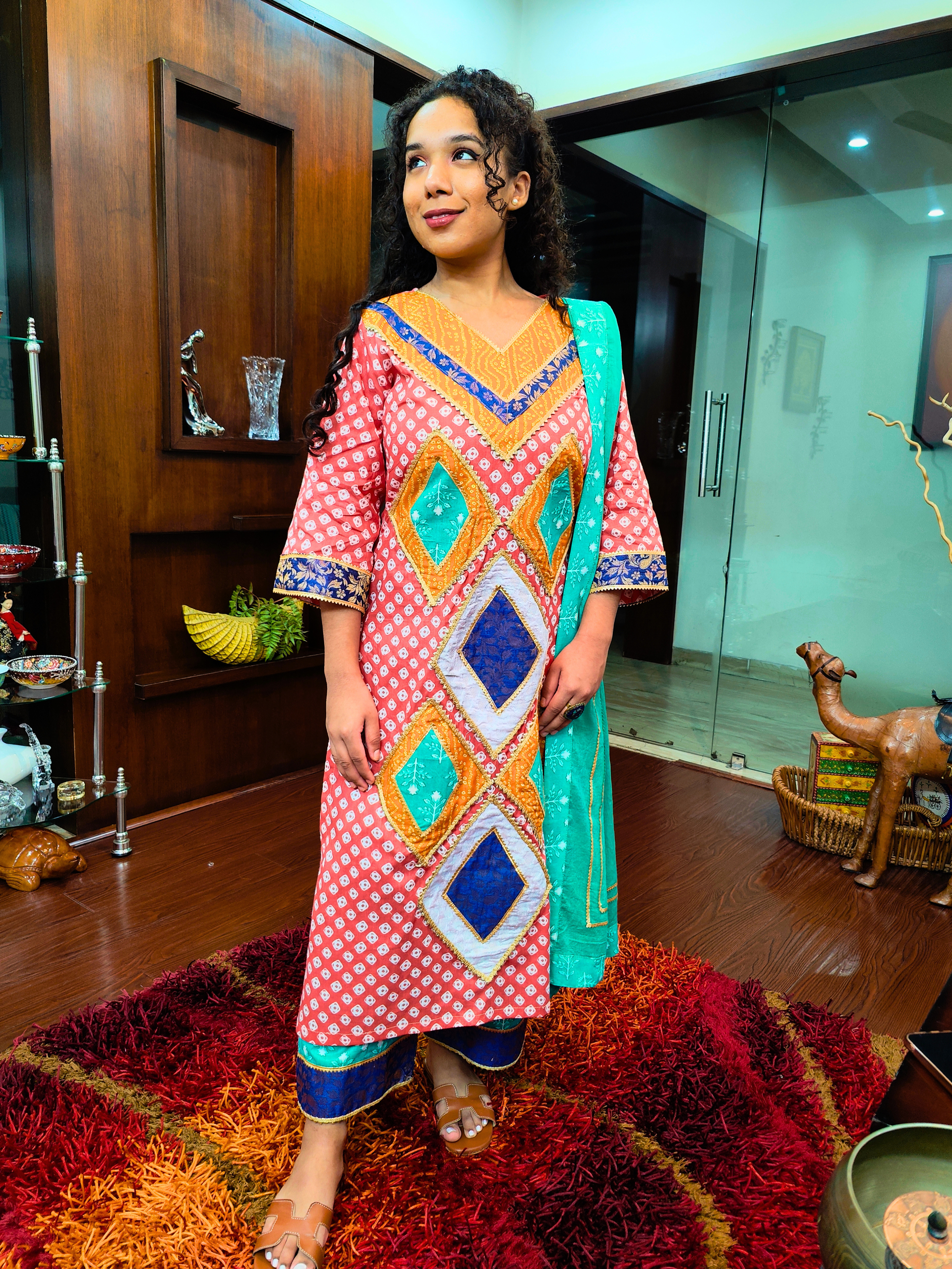 Orange Bandhej Golden Gota Multi Coloured Cotton Stitched Suit Set