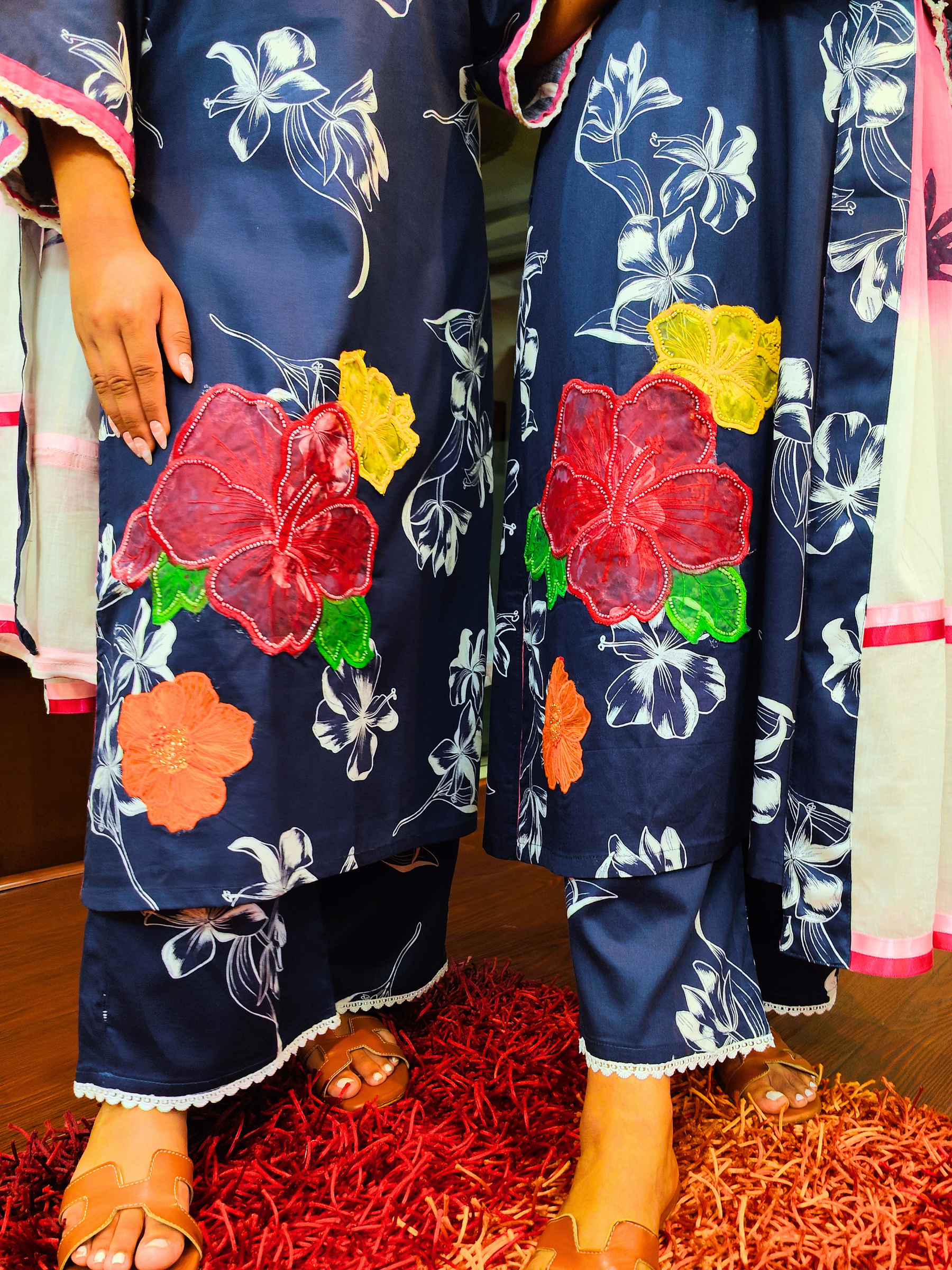 Blue Digital Printed White Lace Cotton Stitched Suit Set