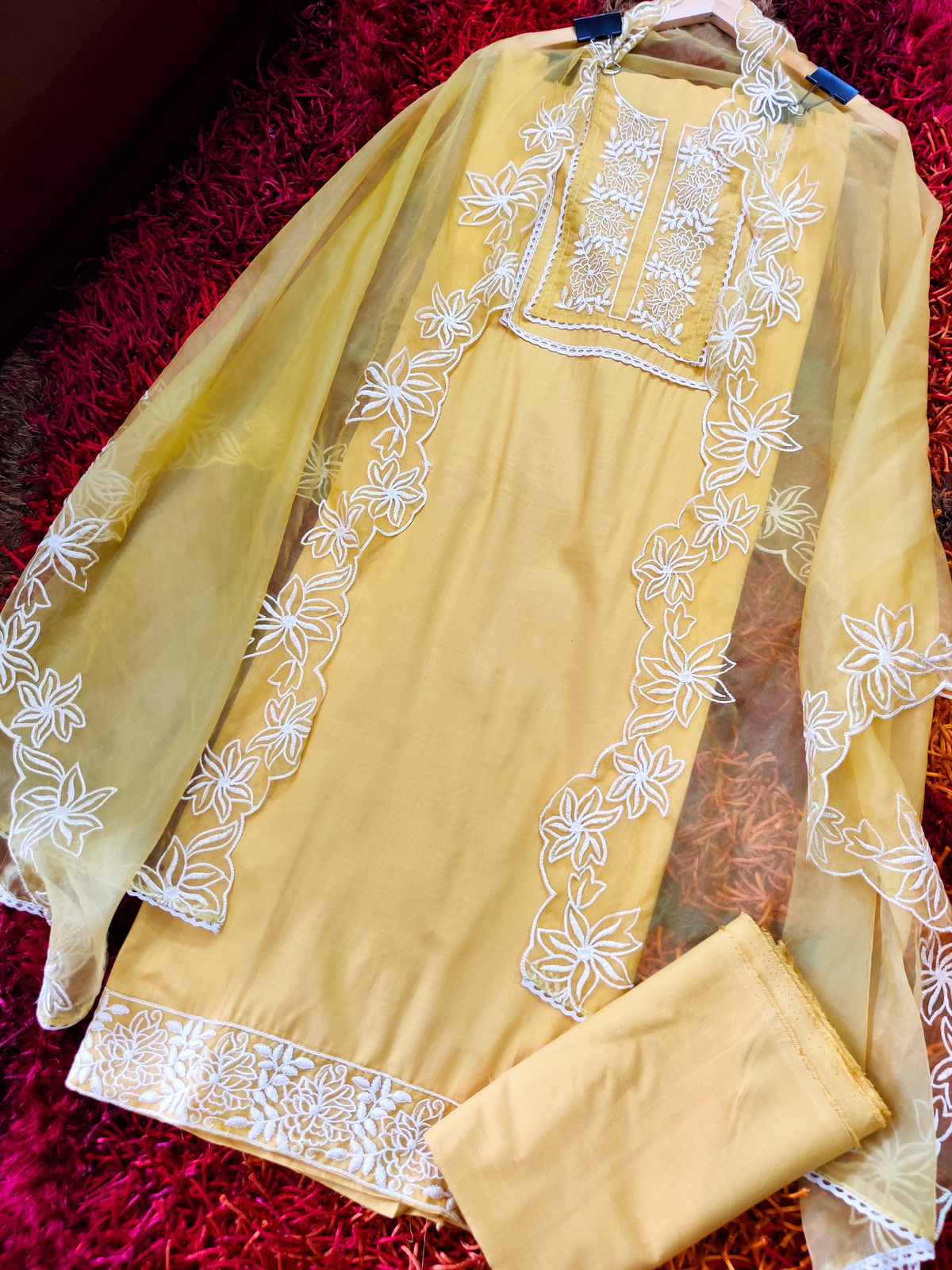 Yellow Cotton Embroidered Unstitched Dress Material Suit Set