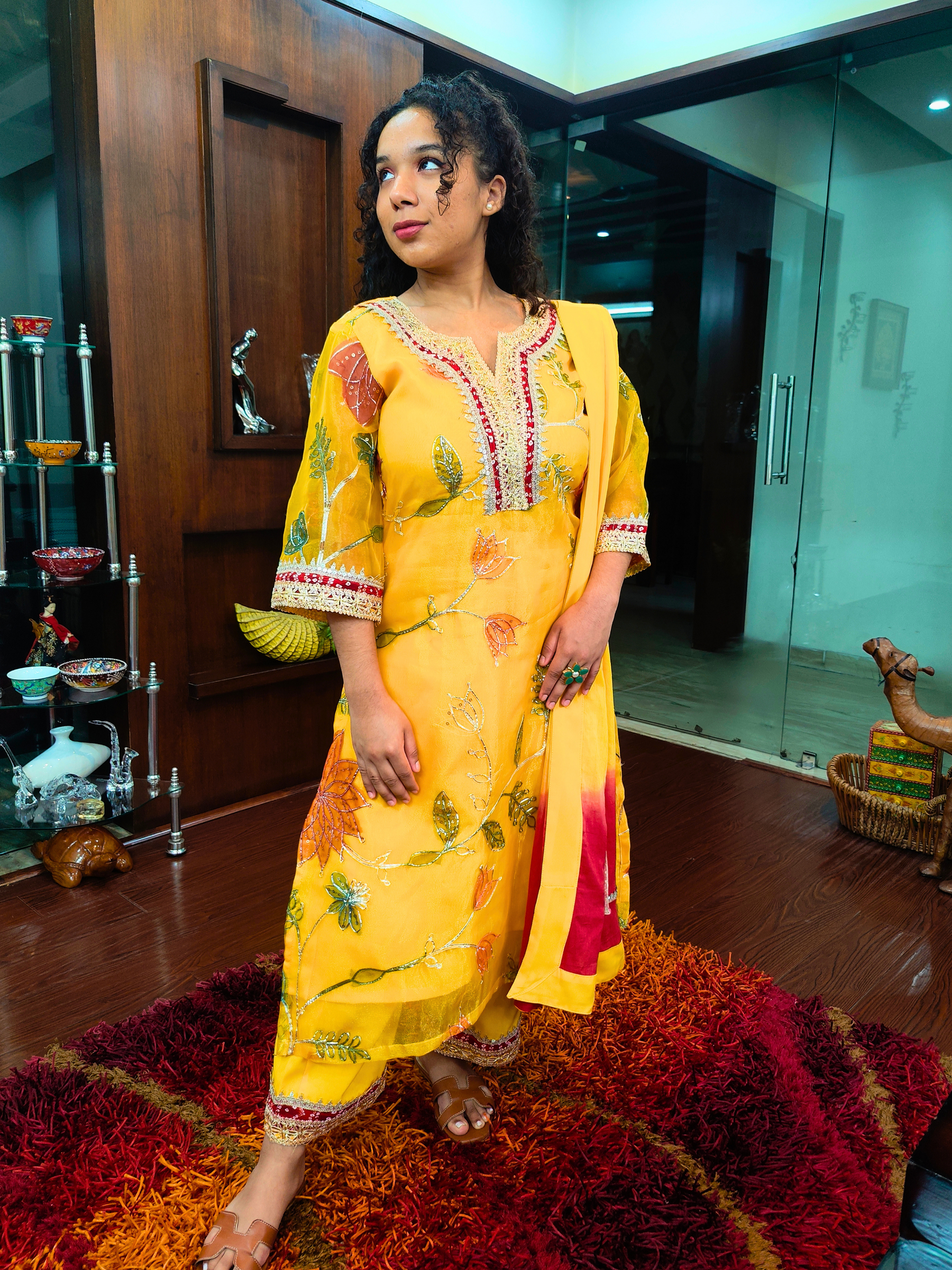 Yellow Organza Embroidered Golden Gota Stitched Suit Set